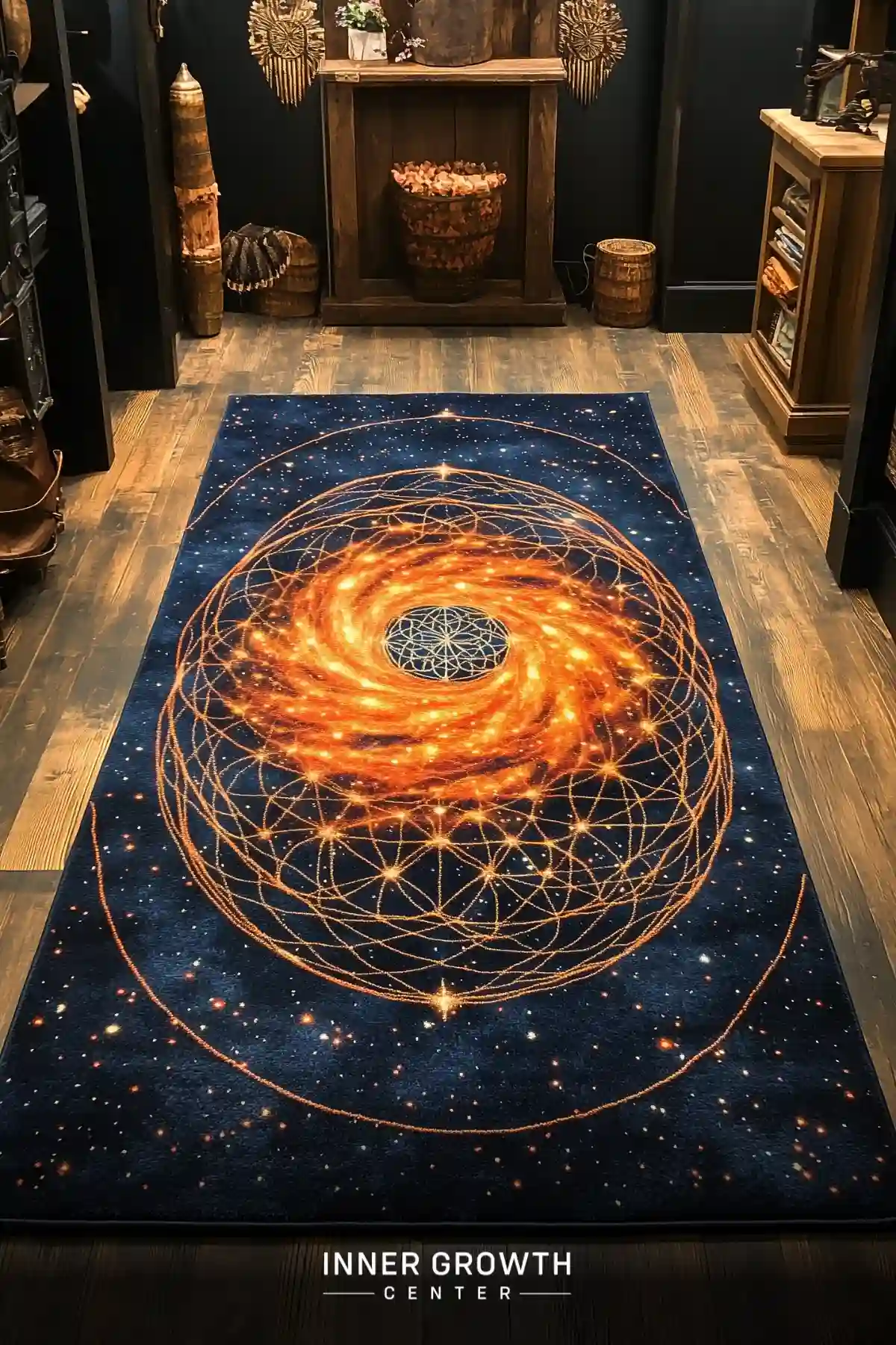 A dark blue rug with a vibrant orange spiral galaxy design and geometric patterns, placed in a rustic room.