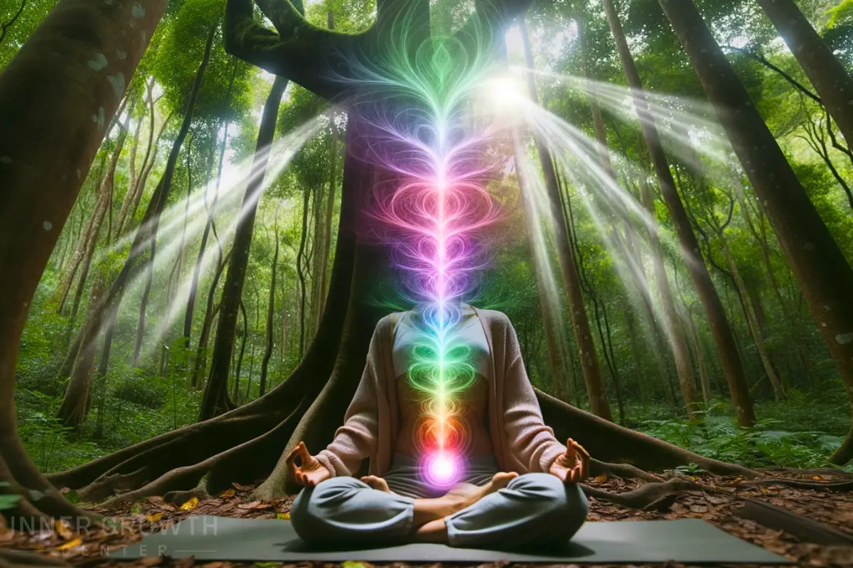 A woman meditates in the forest with chakra belly button energy.