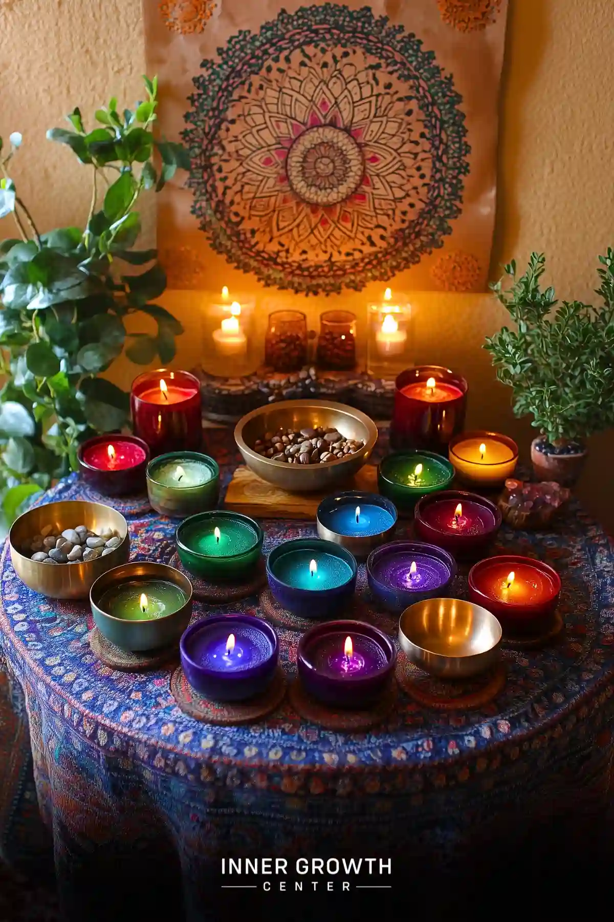 Colorful candles arranged in a circle with plants, stones, and a mandala backdrop create a vibrant chakra-inspired altar.