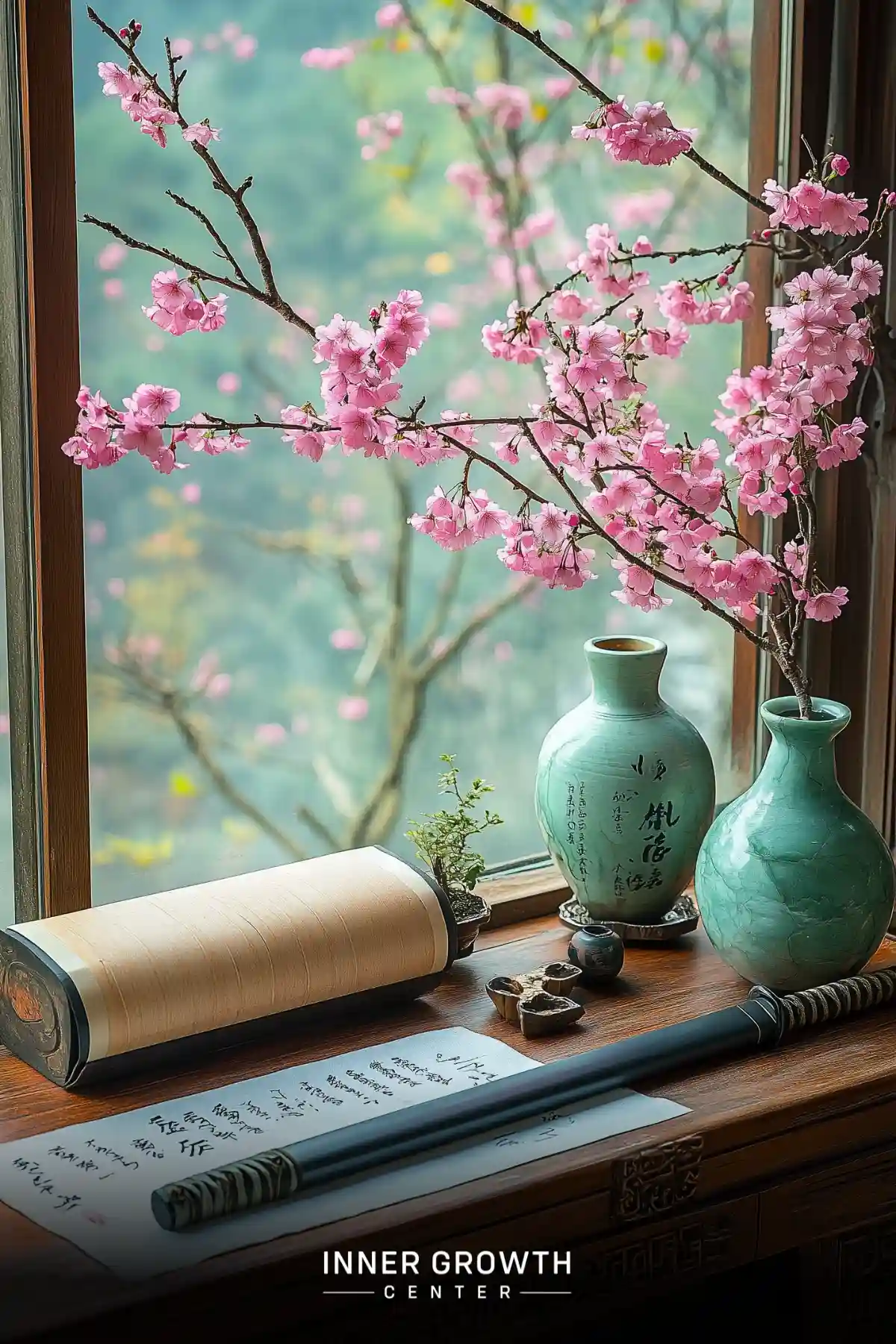 Window view of cherry blossoms with calligraphy set and celadon vases on wooden sill.