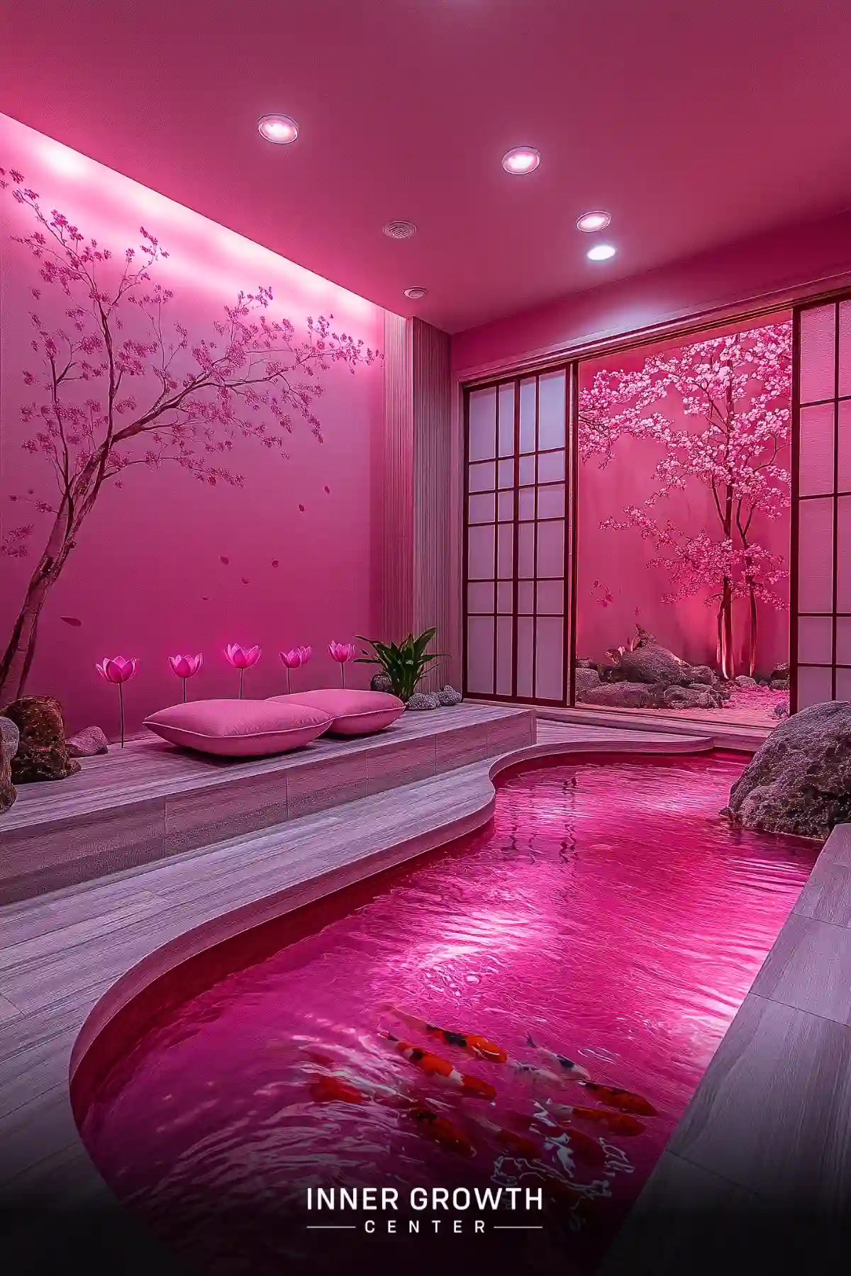 Vibrant pink meditation room with indoor onsen pool, cherry blossom murals, and Japanese-style sliding doors.