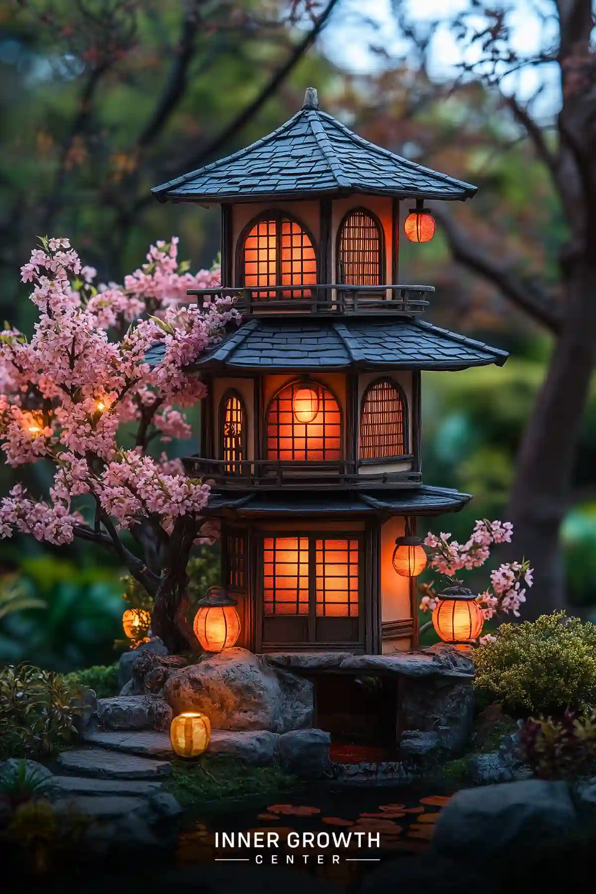 A miniature three-tiered Japanese pagoda illuminated by paper lanterns, nestled beside a blooming cherry blossom tree at dusk.