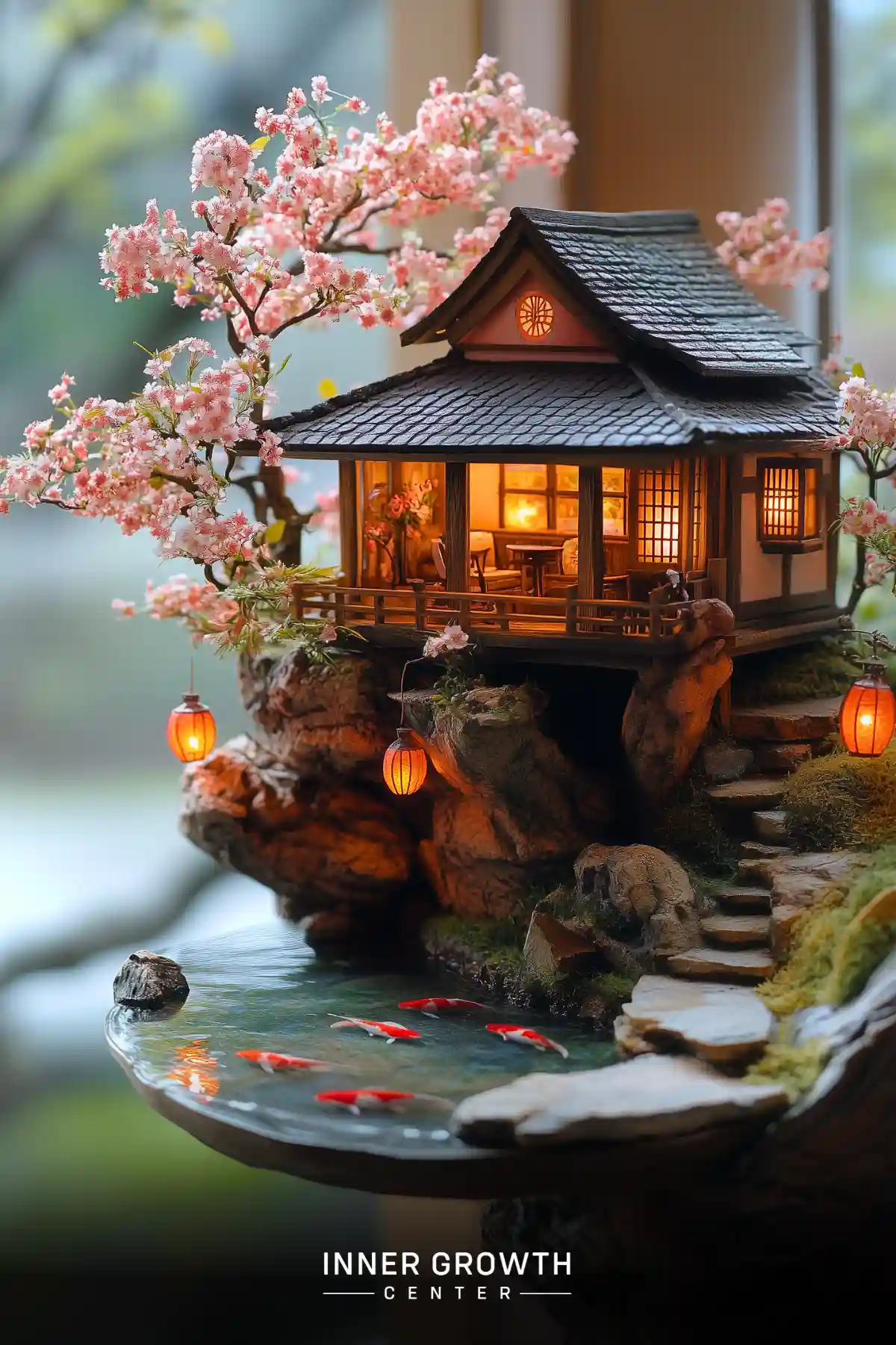 A miniature Japanese tea house perched on rocks above a koi pond, illuminated by lanterns and adorned with pink cherry blossoms.