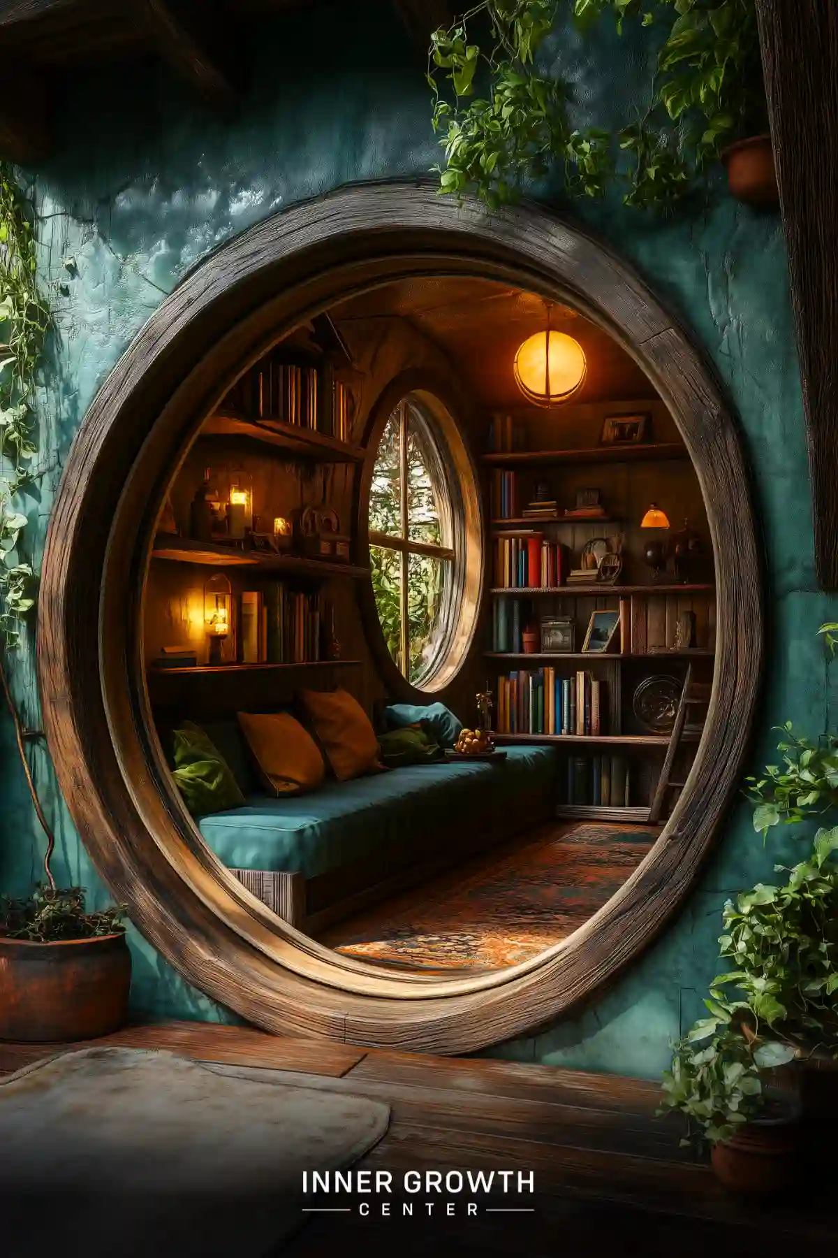 A circular wooden doorway reveals a cozy hobbit-inspired reading nook with built-in bookshelves, teal cushions, lantern lighting, and an oriental rug.