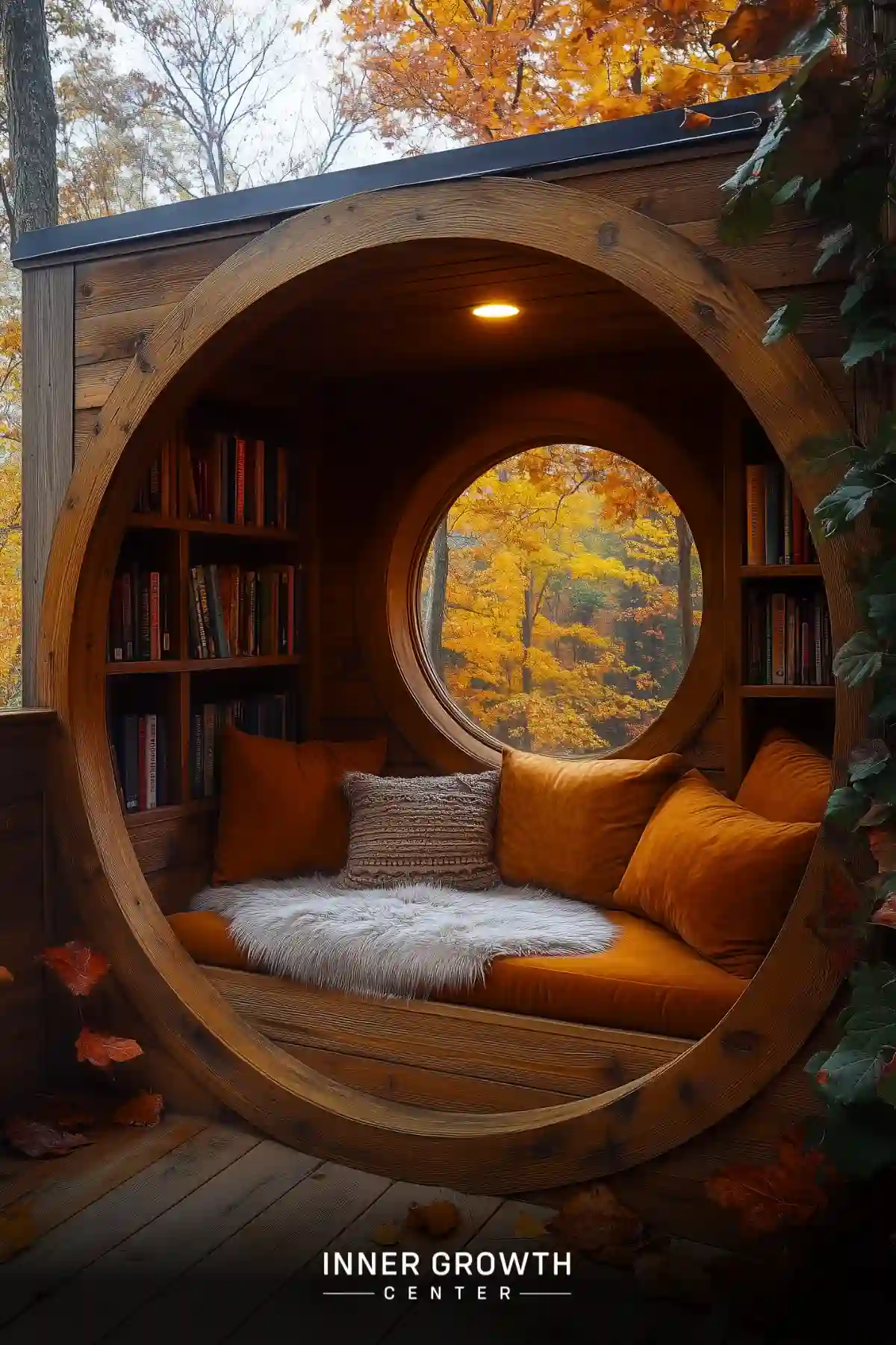 A wooden circular window nook with built-in bookshelves, orange cushions, and a sheepskin throw, framing a view of autumn foliage through a round window.