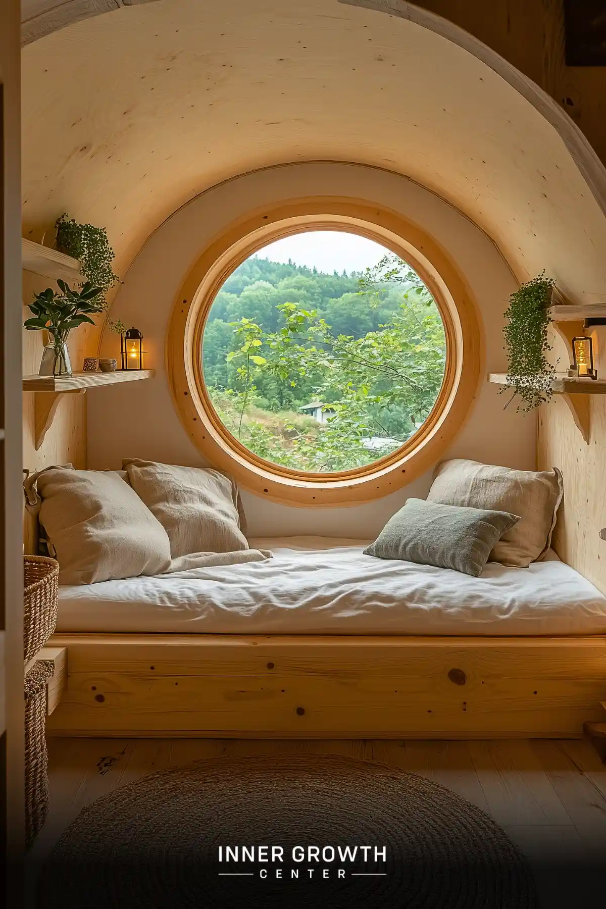 A cozy alcove with a round window and neutral cushions creates a serene meditation space with views of hillside greenery