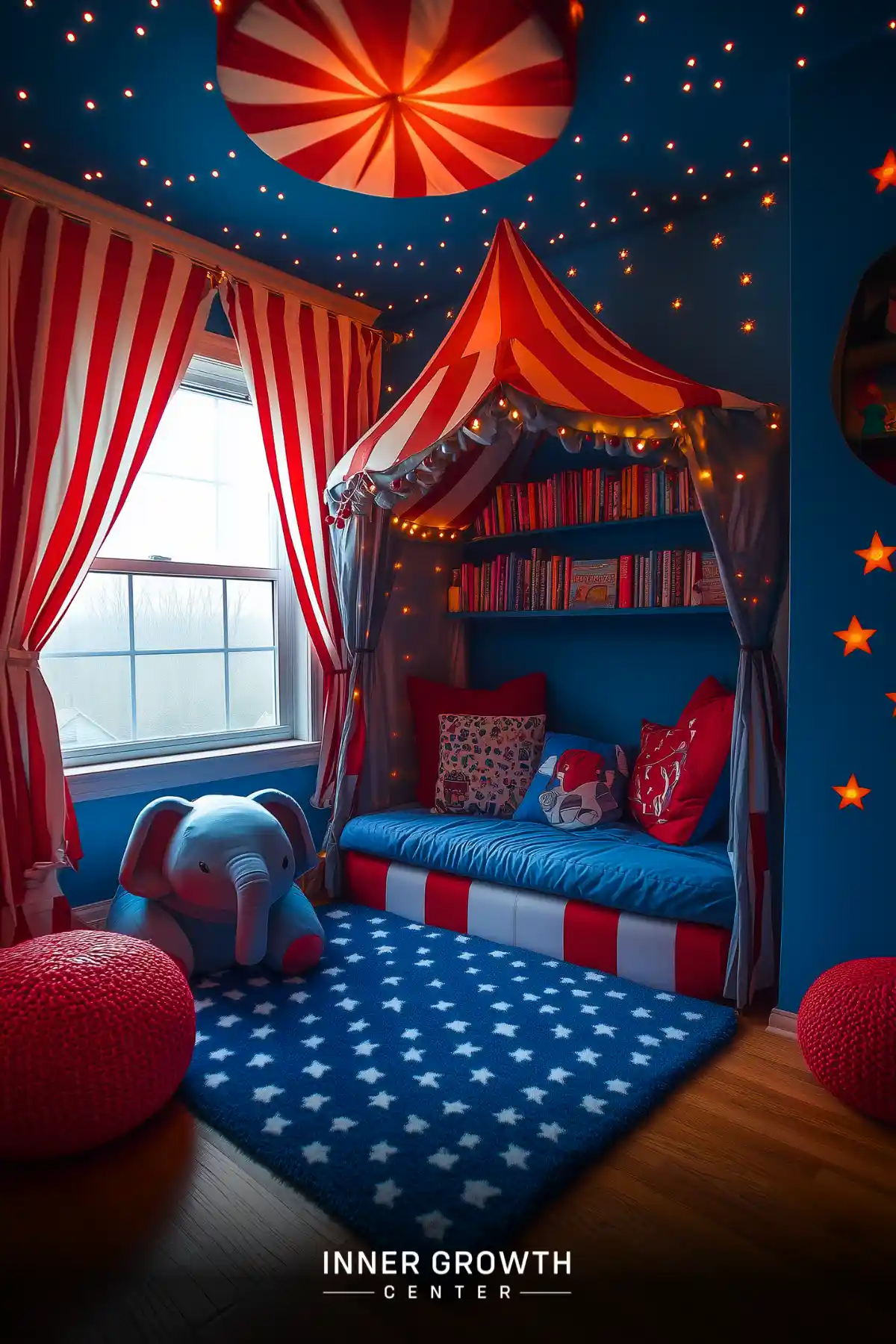 A red and white striped reading nook with star-dotted ceiling, carnival-style awning, and blue cushions creates a playful circus-themed space for children.