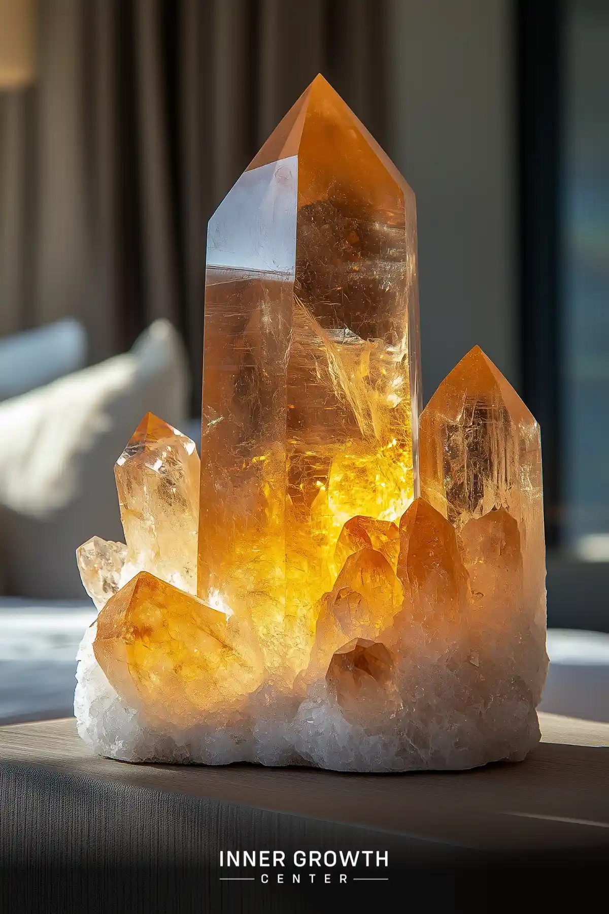 A large illuminated citrine crystal cluster with multiple points glows warmly on a table, creating a serene atmosphere.