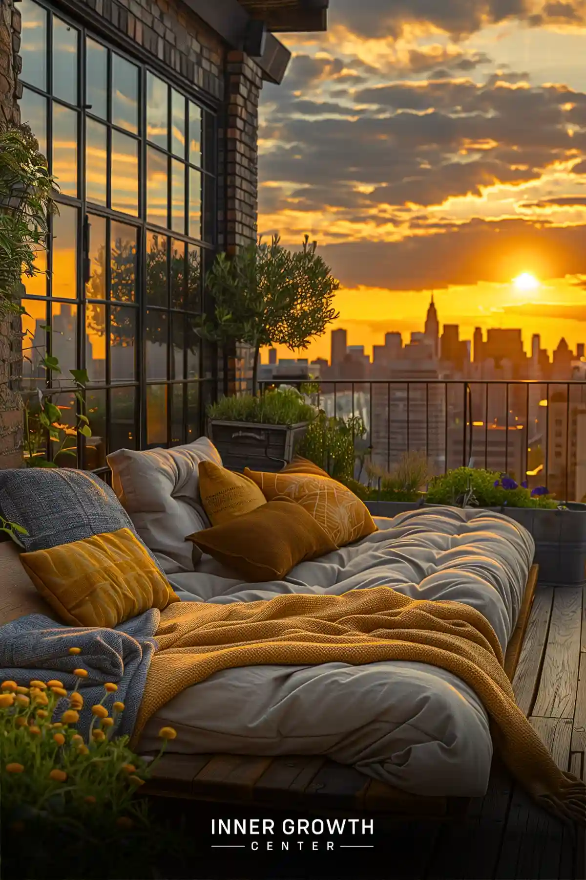 A cozy balcony with comfortable seating overlooks a city skyline at sunset.