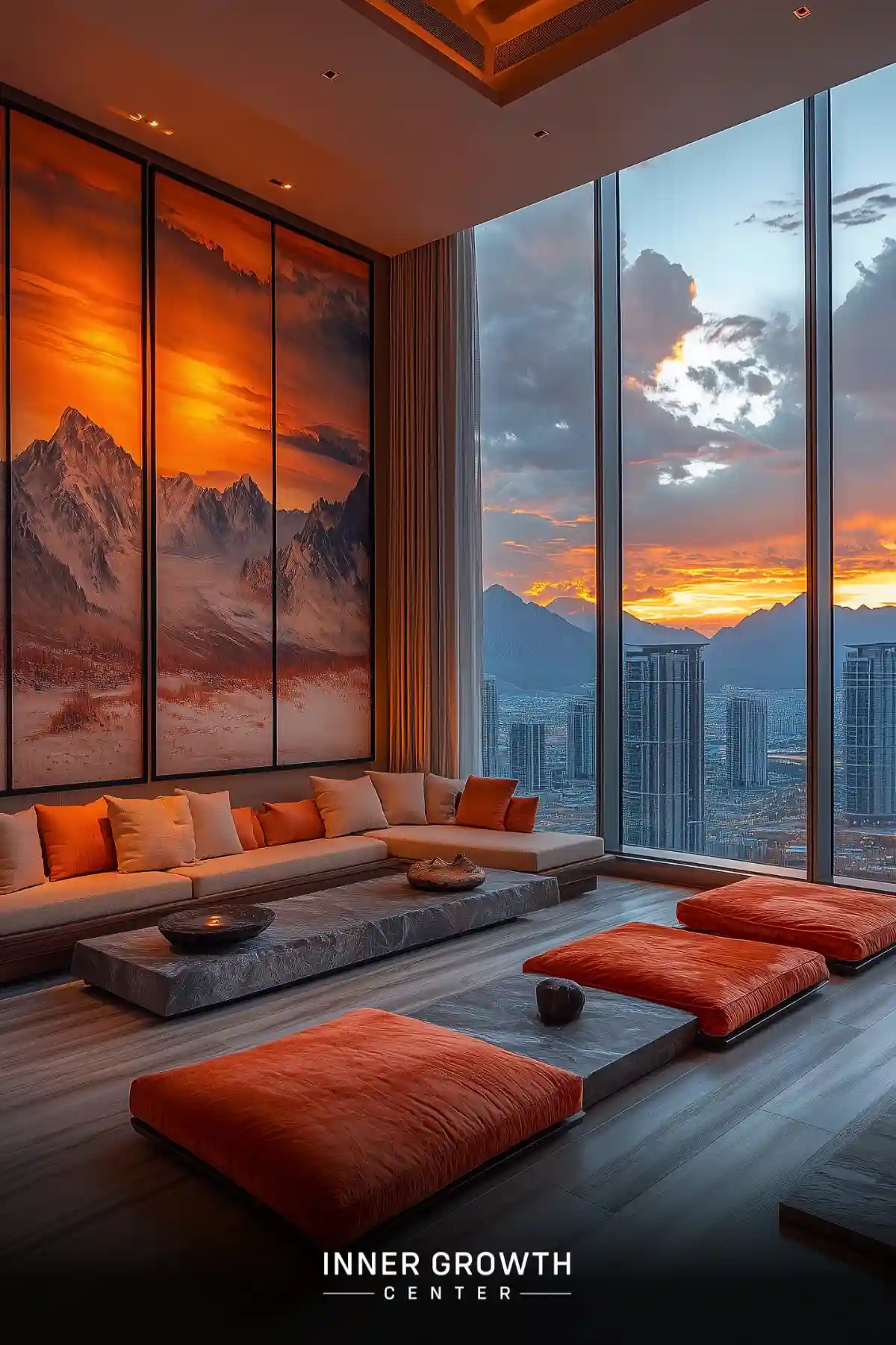 A luxurious meditation room with panoramic city views and sunset-inspired decor