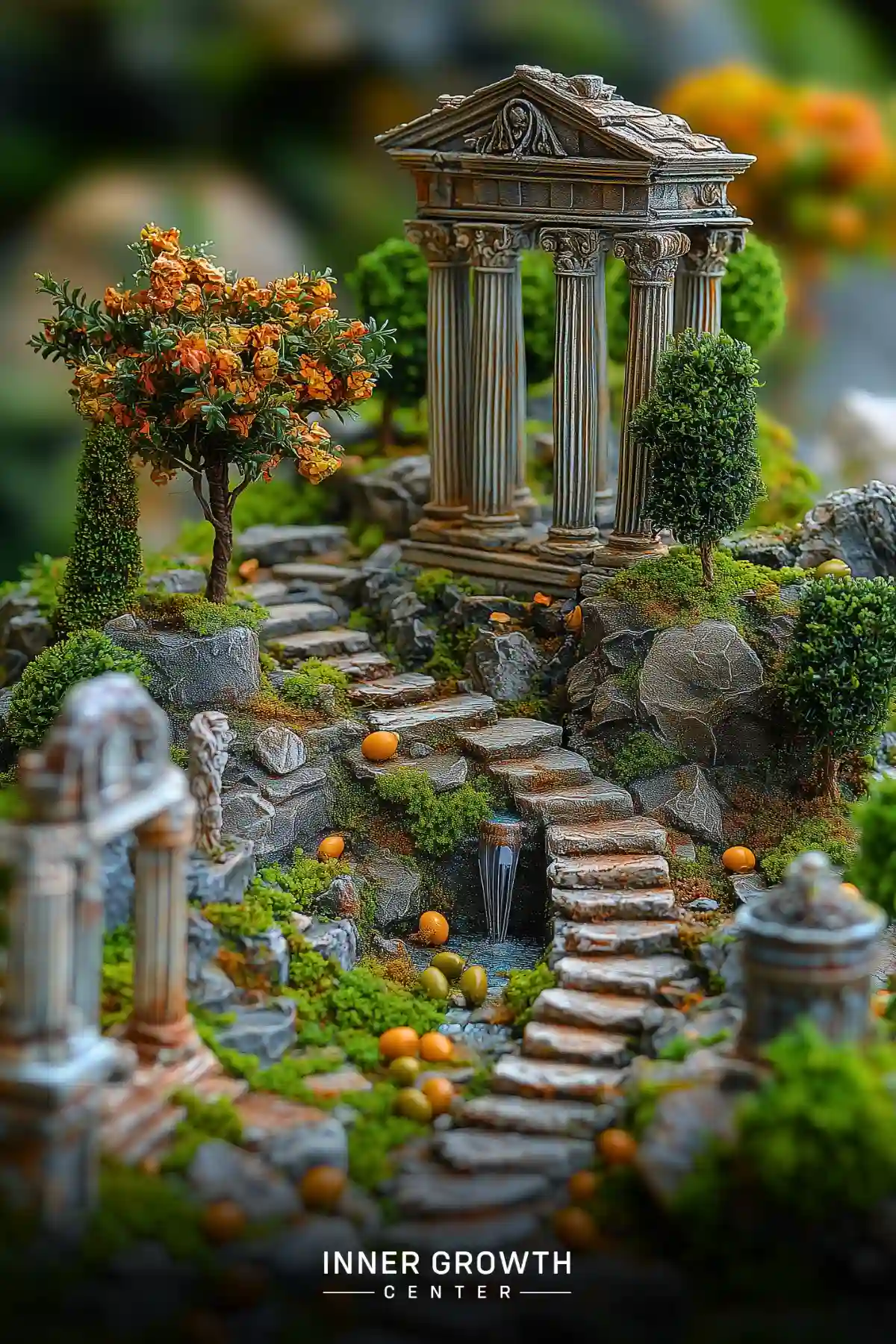 A miniature Greek temple atop stone steps, with manicured topiary trees, an orange blossom tree, and tiny oranges scattered along a moss-covered path.