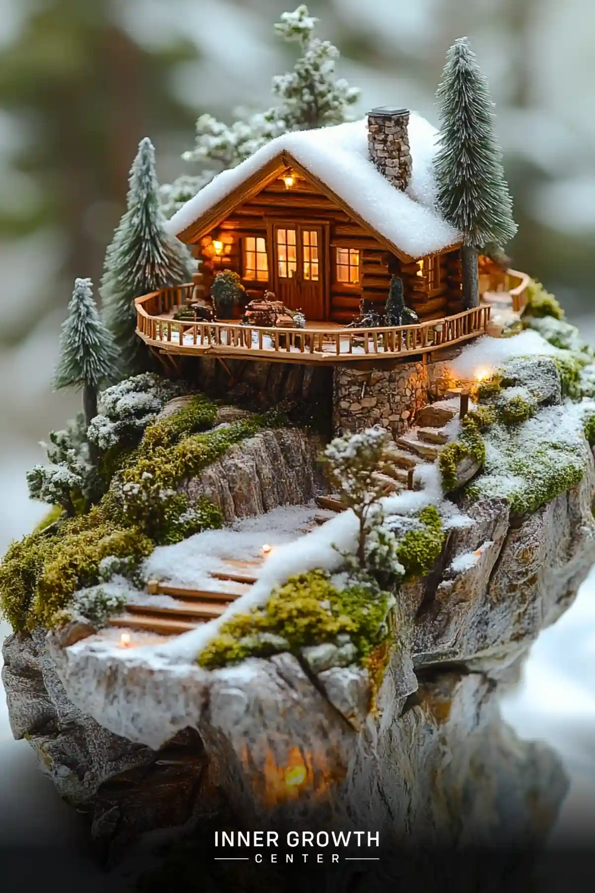 A miniature log cabin perched on a snowy cliff edge with illuminated windows, surrounded by evergreen trees and moss-covered rocky steps.