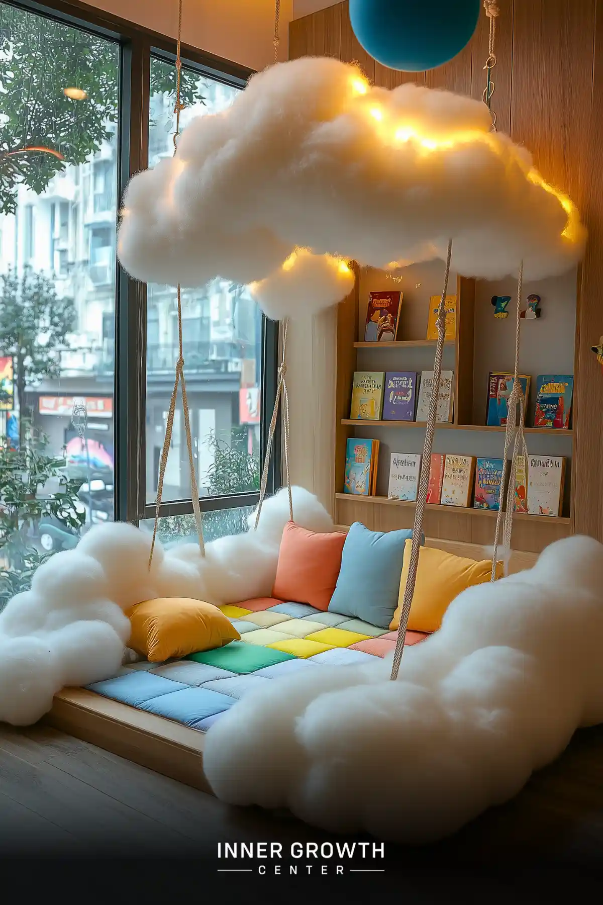 A window-side reading bench with fluffy cloud decorations, rainbow cushions, and rope supports creates a dreamy floating reading space for children.