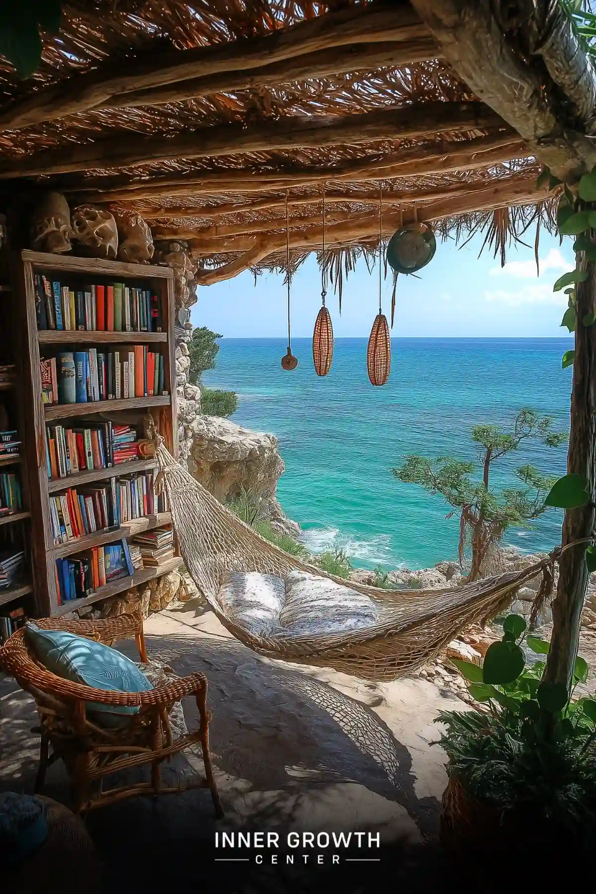 A rustic beachside reading nook with a hammock, bookshelf, and panoramic ocean view.