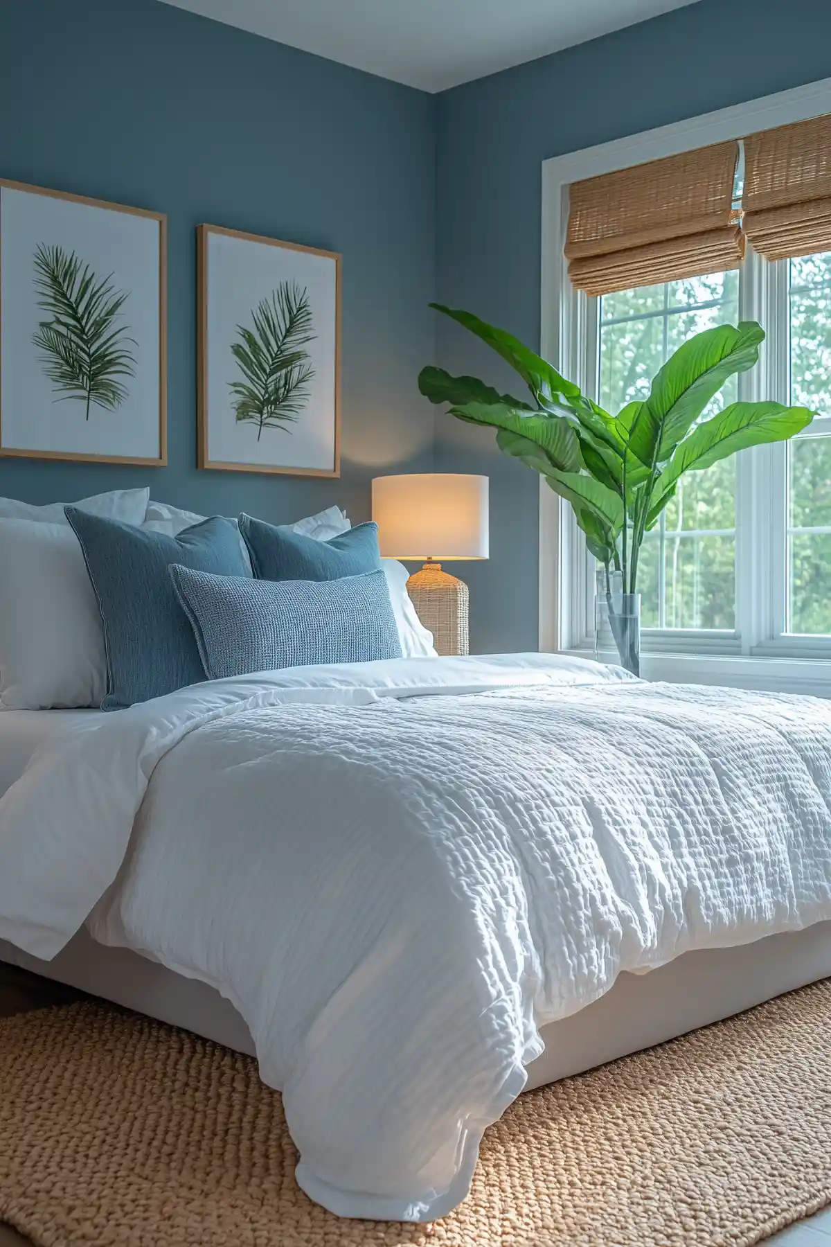 Serene bedroom with blue walls, white bedding, palm leaf artwork, and large windows creating a coastal-inspired meditation space.