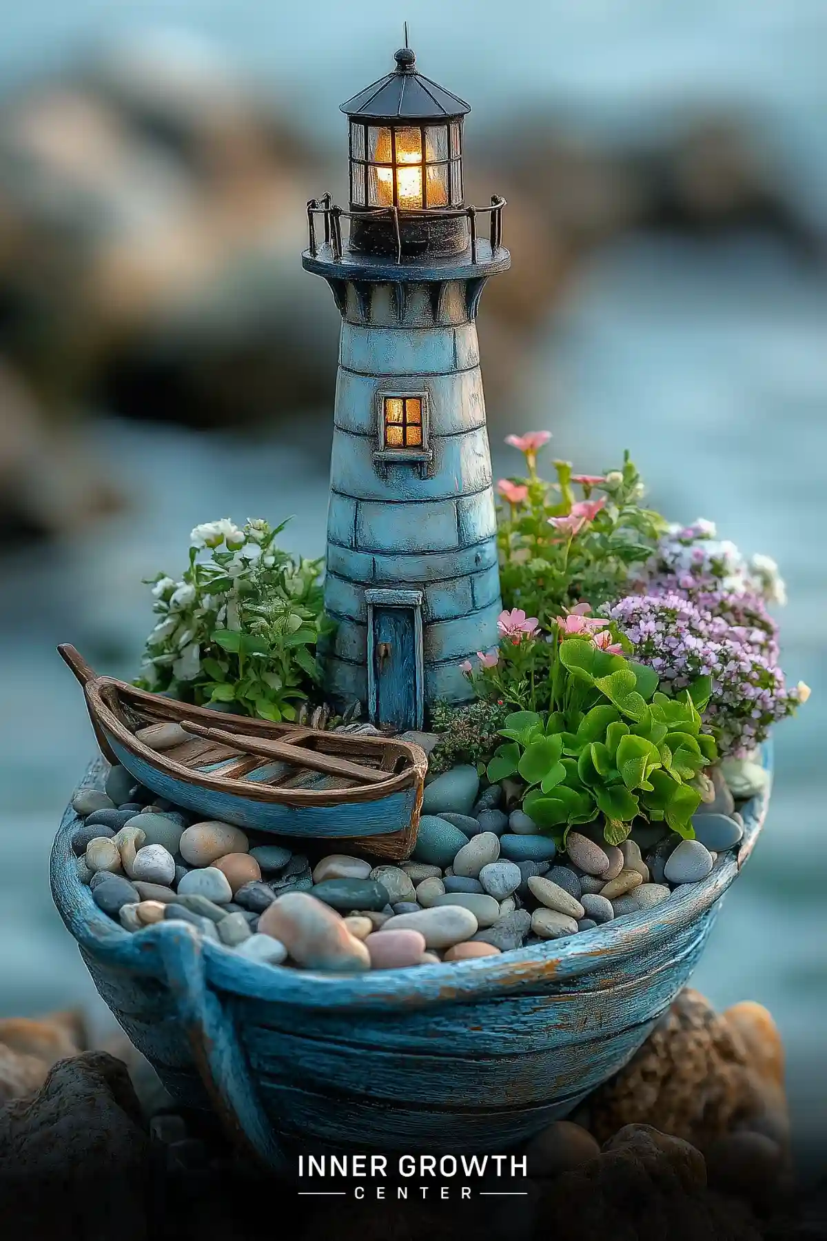 A miniature lighthouse and rowboat arranged in a weathered blue boat planter with beach pebbles and blooming coastal flowers.