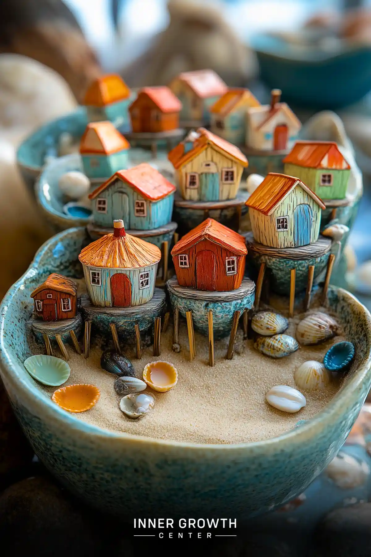 A miniature beach village display in a turquoise ceramic bowl featuring tiny wooden houses on stilts surrounded by seashells and sand.