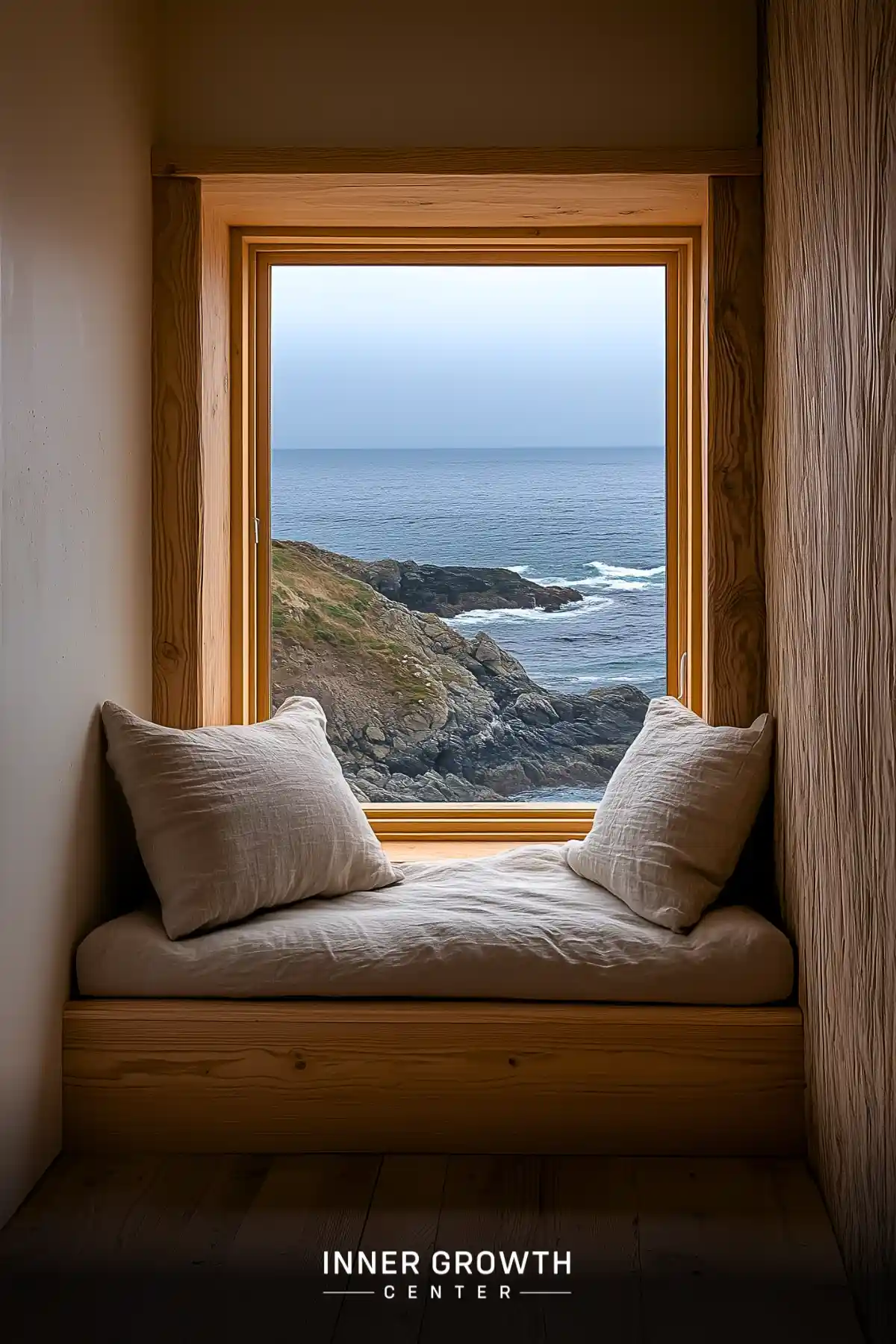 A cozy window seat with linen cushions overlooks dramatic rocky coastline and ocean waves, creating a serene meditation space.