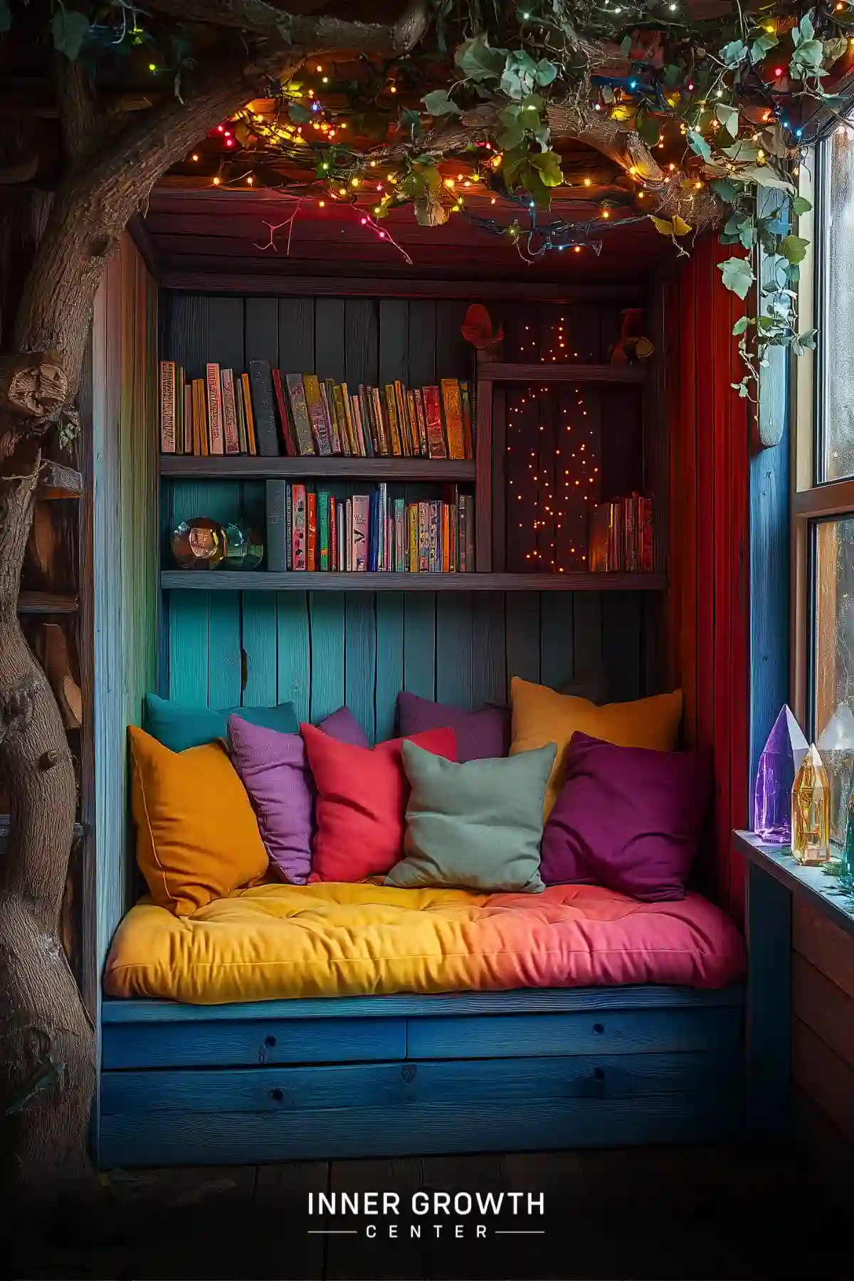 A colorful reading nook features a built-in bench with rainbow cushions beneath bookshelves, decorated with twinkling lights and artificial vines.