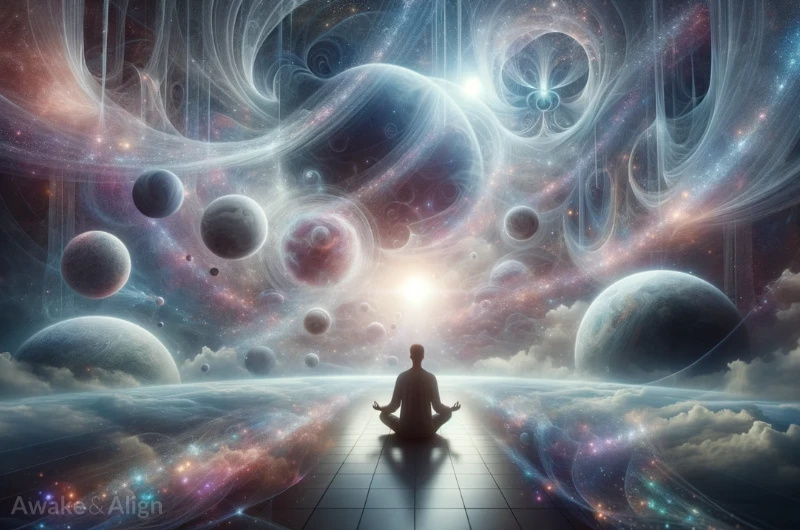 A man meditates onto the opening of the universe symbolising conscious exploration.