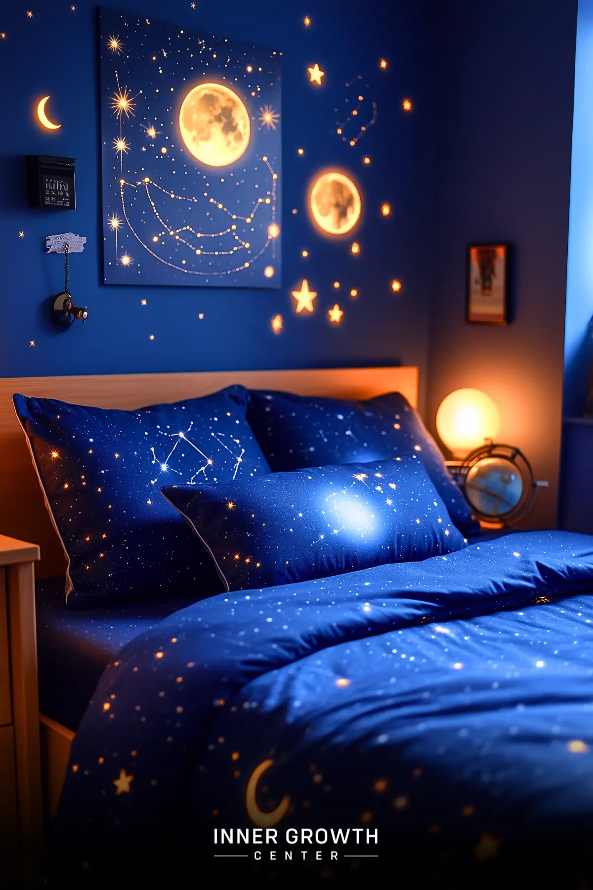 A dreamy bedroom with deep blue walls, constellation bedding, illuminated moon artwork, and glowing star decorations creating a night sky atmosphere.