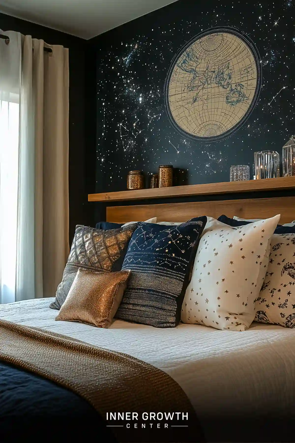 A cozy bedroom corner featuring star-themed pillows and celestial wall art, with a wooden headboard shelf displaying decorative jars against a starry dark wall