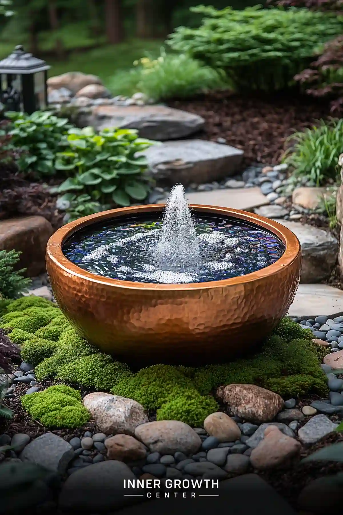 A copper bowl fountain with a central water jet surrounded by lush garden landscaping and stone paths.