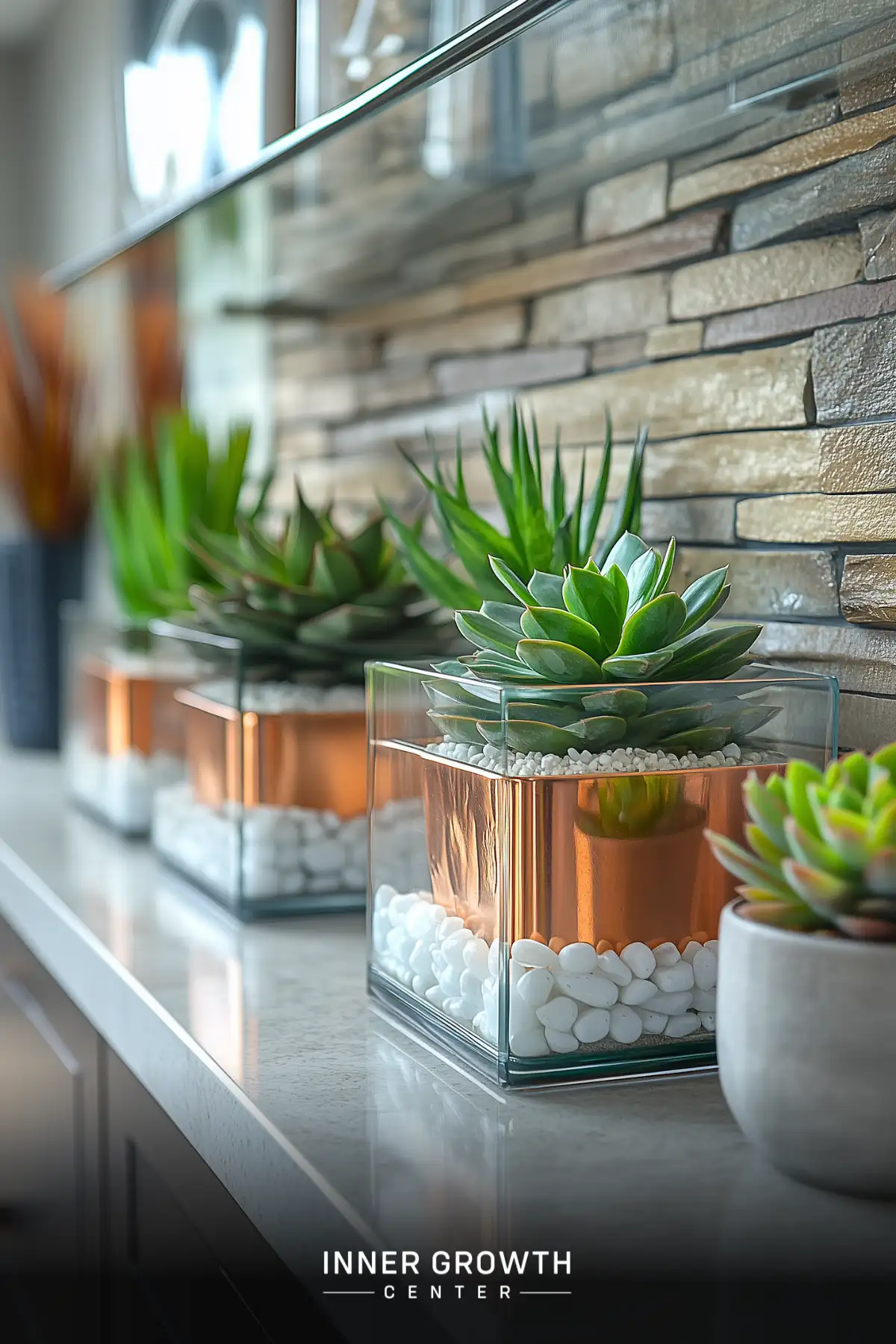 Modern glass planters with copper inserts and white stones display a row of green succulents against a textured stone wall.