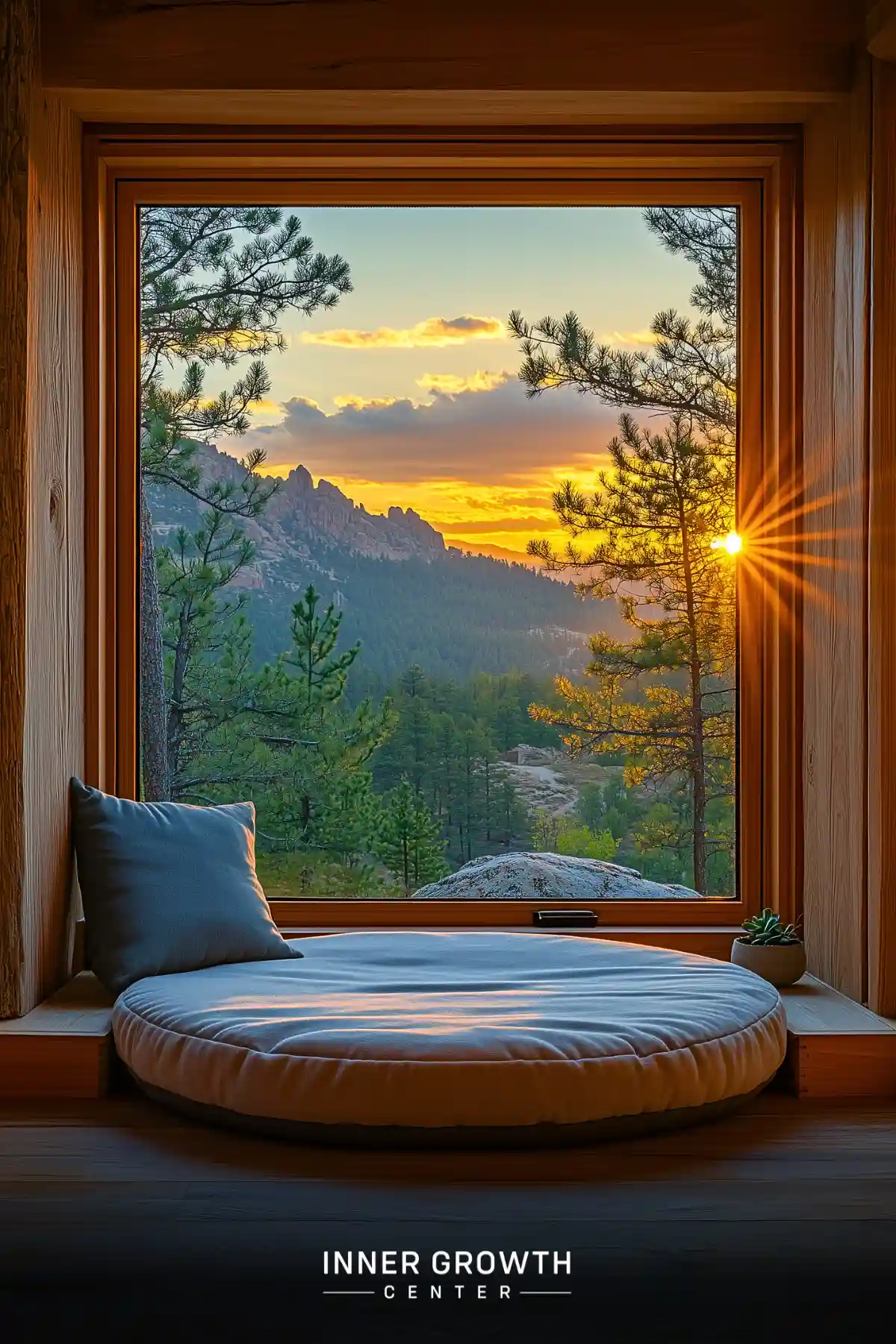 A minimalist meditation corner features a round floor cushion by a window framing a dramatic mountain sunset through pine trees.