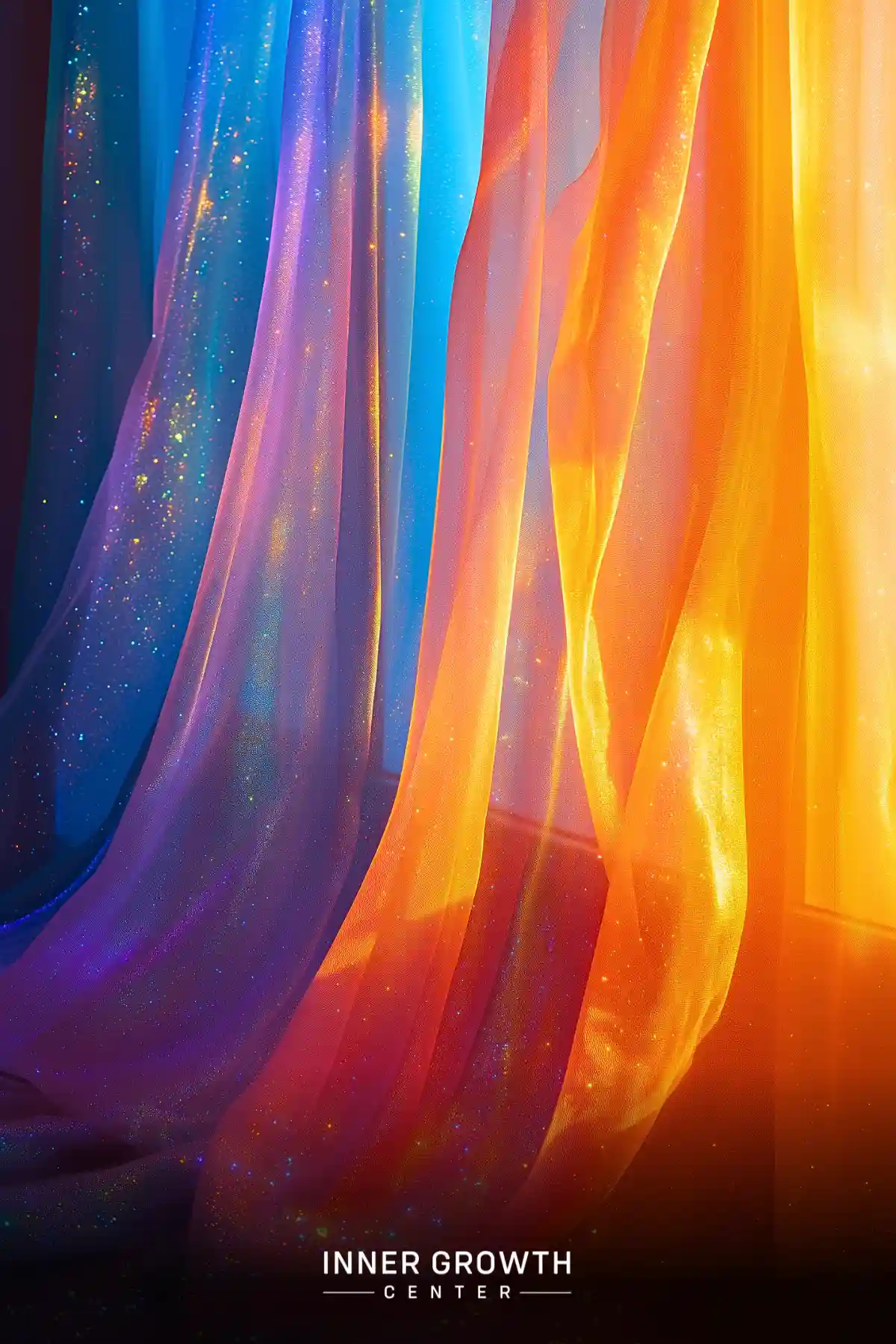 Sheer curtains in vibrant blue, purple, and orange hues with sparkling particles, creating an ethereal cosmic effect.