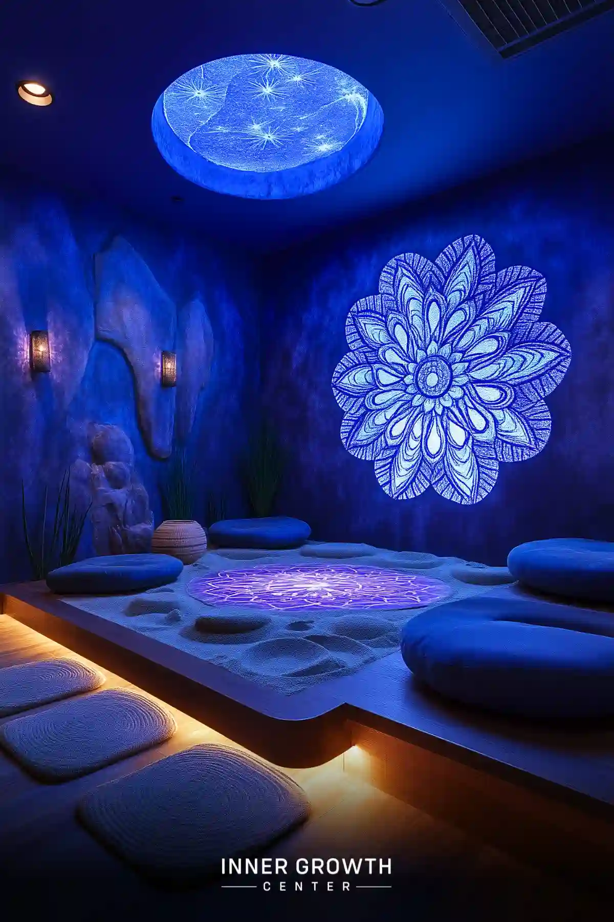 A deep blue meditation room with illuminated mandala, starry ceiling, and circular seating area.