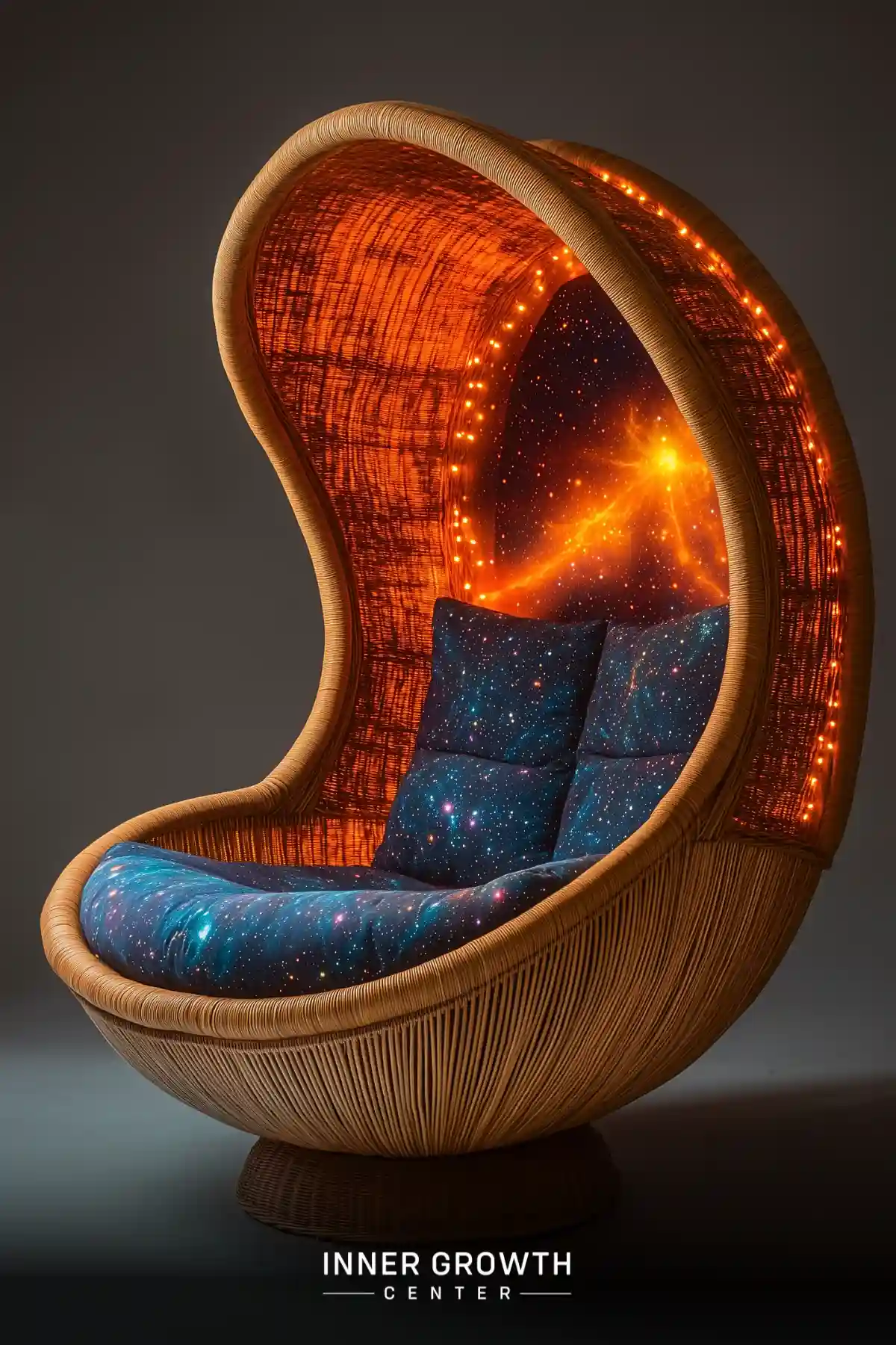 Egg-shaped wicker chair with cosmic-themed cushions and a starry backdrop, illuminated by warm lights.