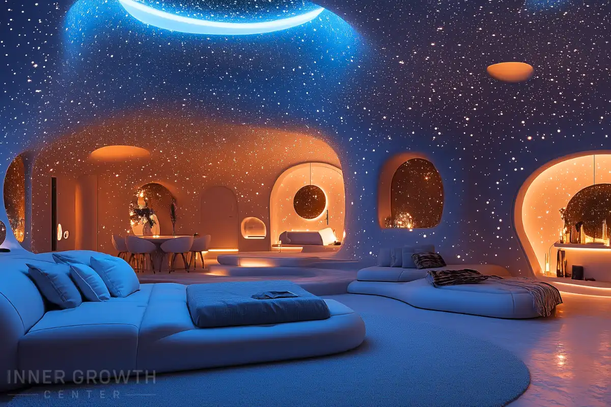 A space themed house with stars on the ceiling