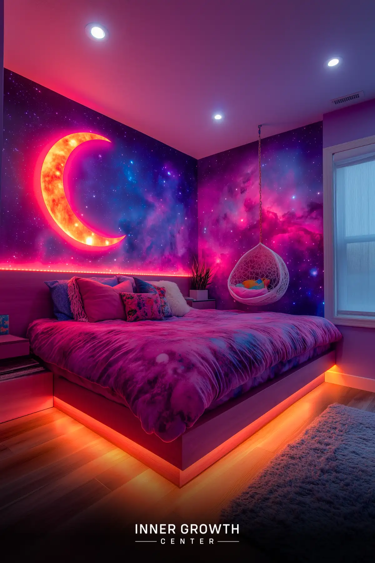 A bedroom with galaxy-themed walls featuring a glowing crescent moon mural, hanging egg chair, and LED underlighting creating a mystical meditation atmosphere.