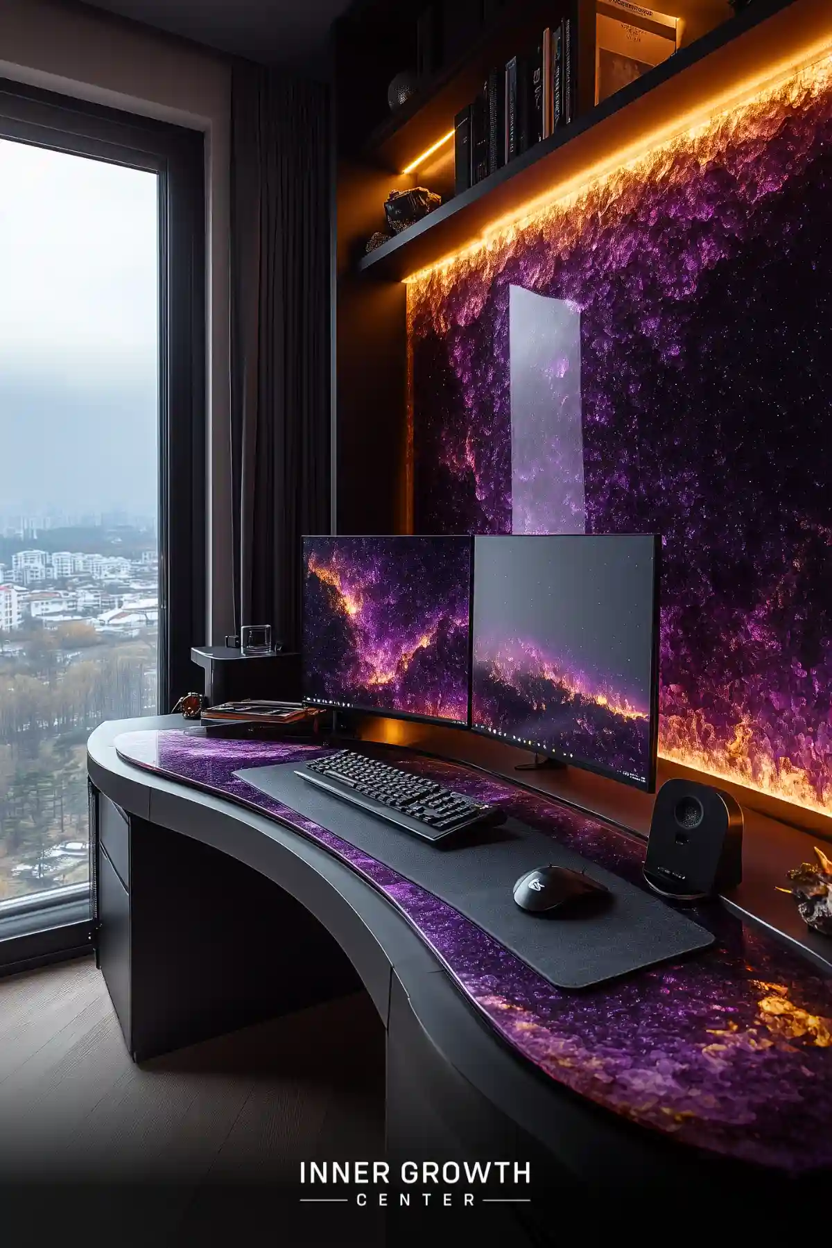 A curved modern desk setup featuring purple and orange galaxy-themed wallpaper and matching desk surface against a city view window.