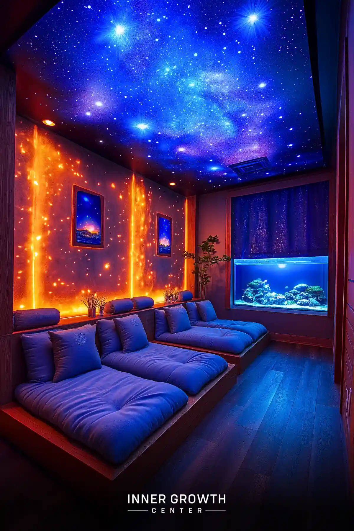 A meditation room with a starry ceiling, glowing orange walls, blue cushions, and an aquarium.