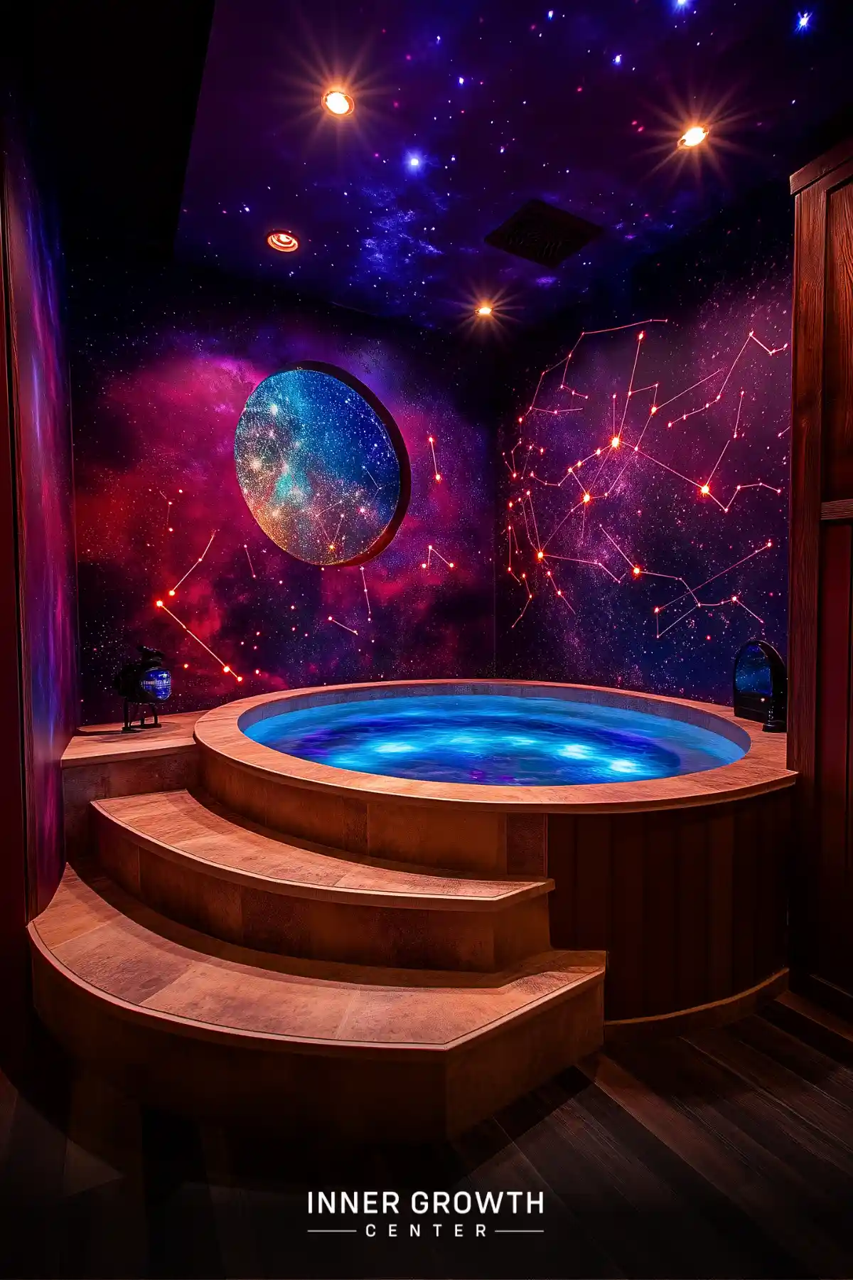 A meditation spa room featuring an illuminated circular pool surrounded by cosmic murals with constellation patterns and a round celestial window against deep purple walls.