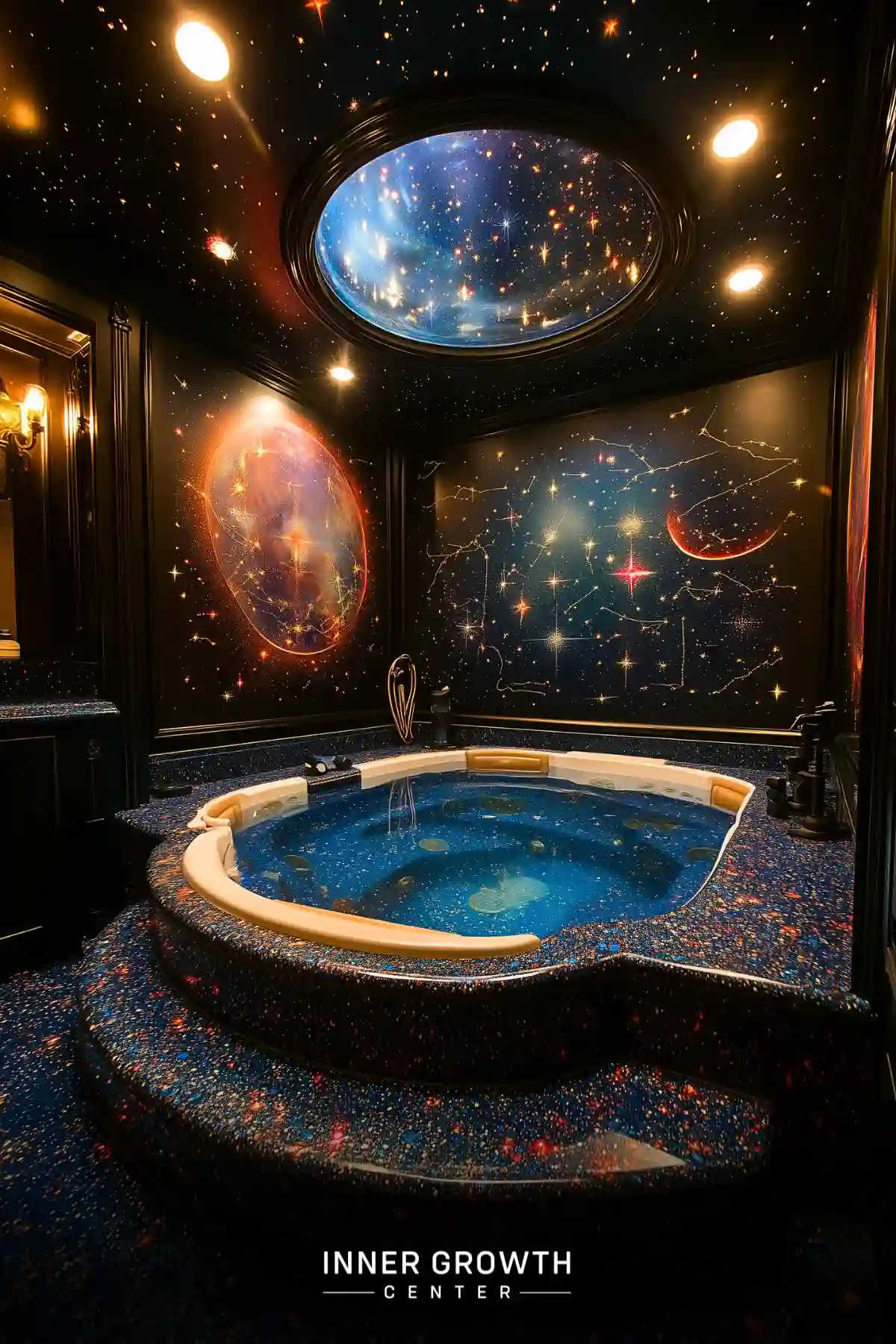 A luxurious spa room featuring a curved soaking tub surrounded by celestial-themed walls and ceiling with constellation artwork and galaxy murals.