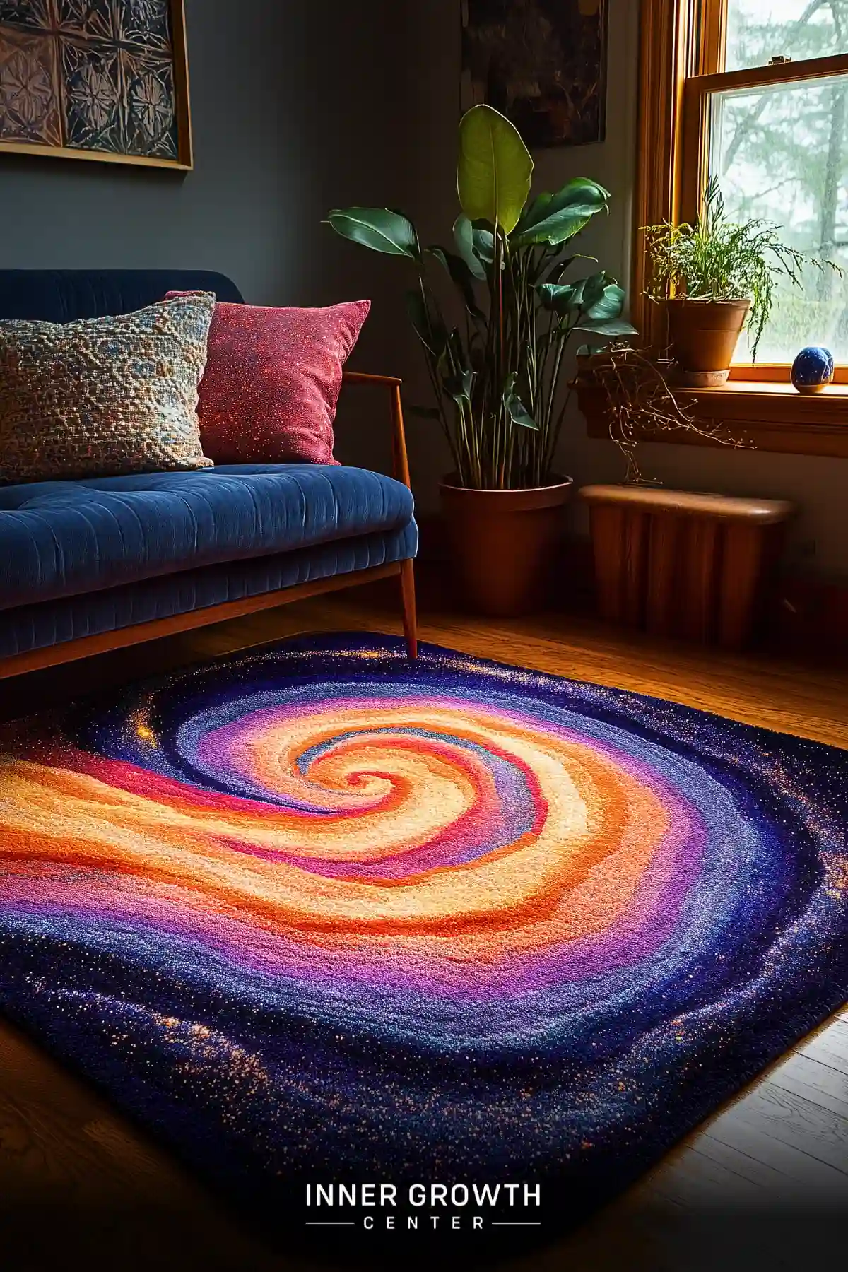 A vibrant circular rug with a spiral galaxy design in purple, orange, and blue hues.