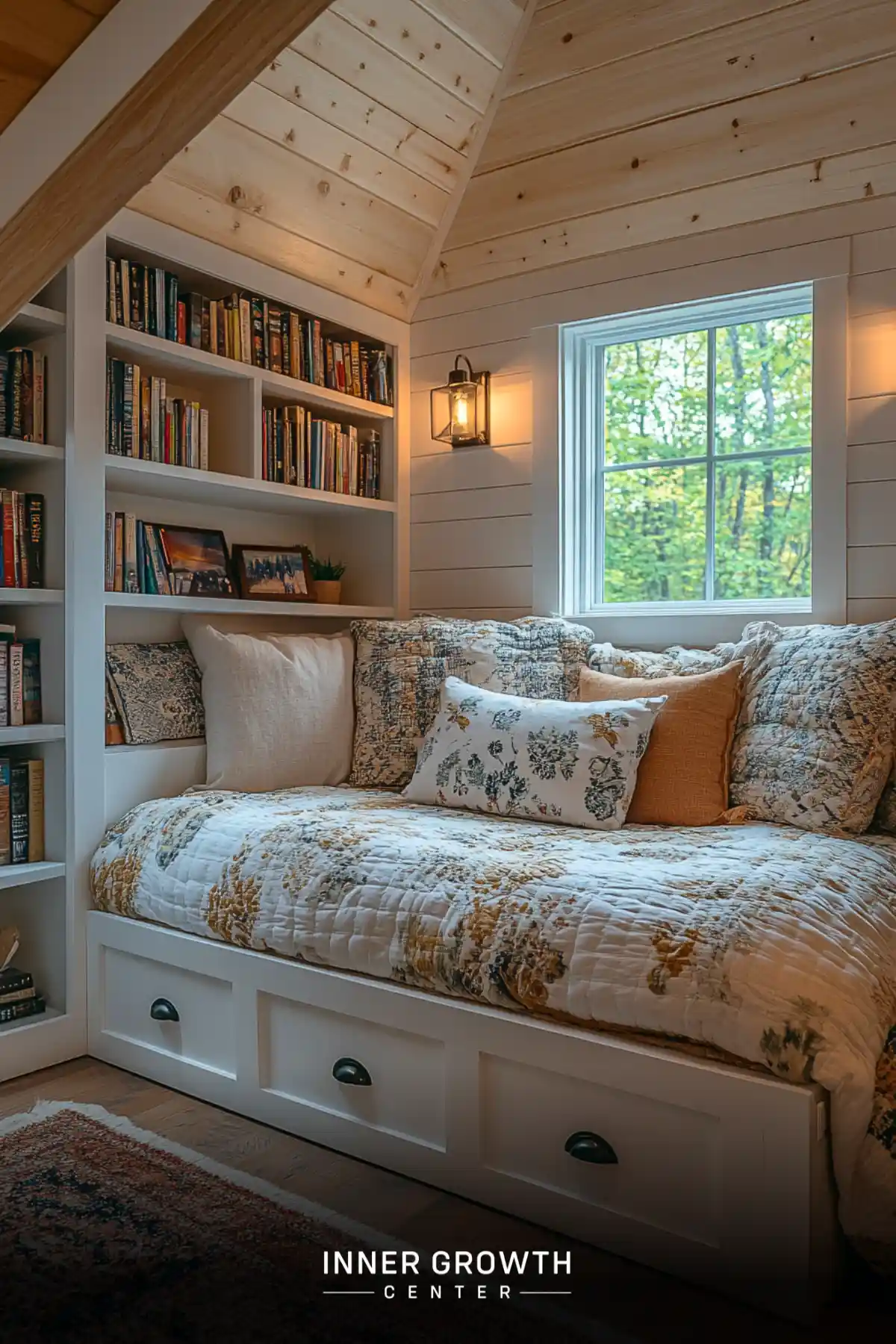 A built-in window seat features floral quilted bedding, mixed pattern pillows, white paneling, lantern sconce, and floor-to-ceiling bookshelves beneath a pine ceiling.