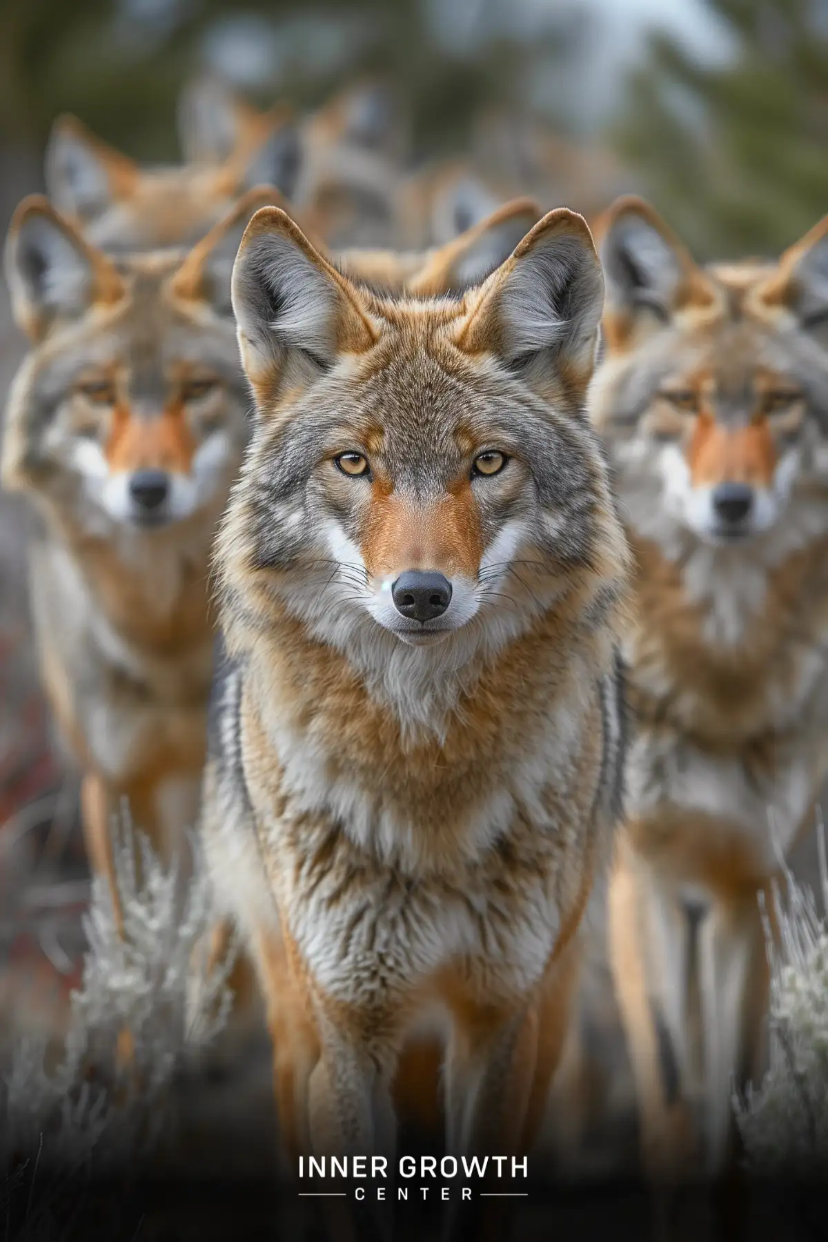 A close-up of an alert coyote with piercing eyes, surrounded by its pack in the background.