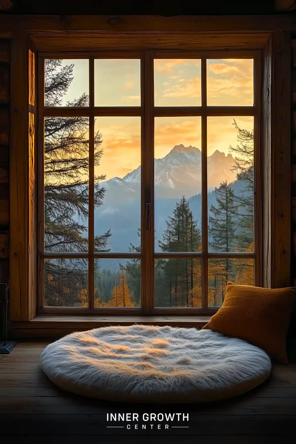 A plush round faux fur meditation cushion beside a window framing snow-capped mountains and pine trees at sunset creates an intimate corner retreat.