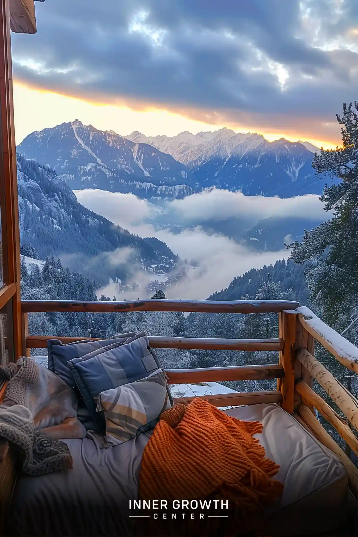 A snug balcony overlooking a winter mountain landscape with misty valleys and a sunset sky.