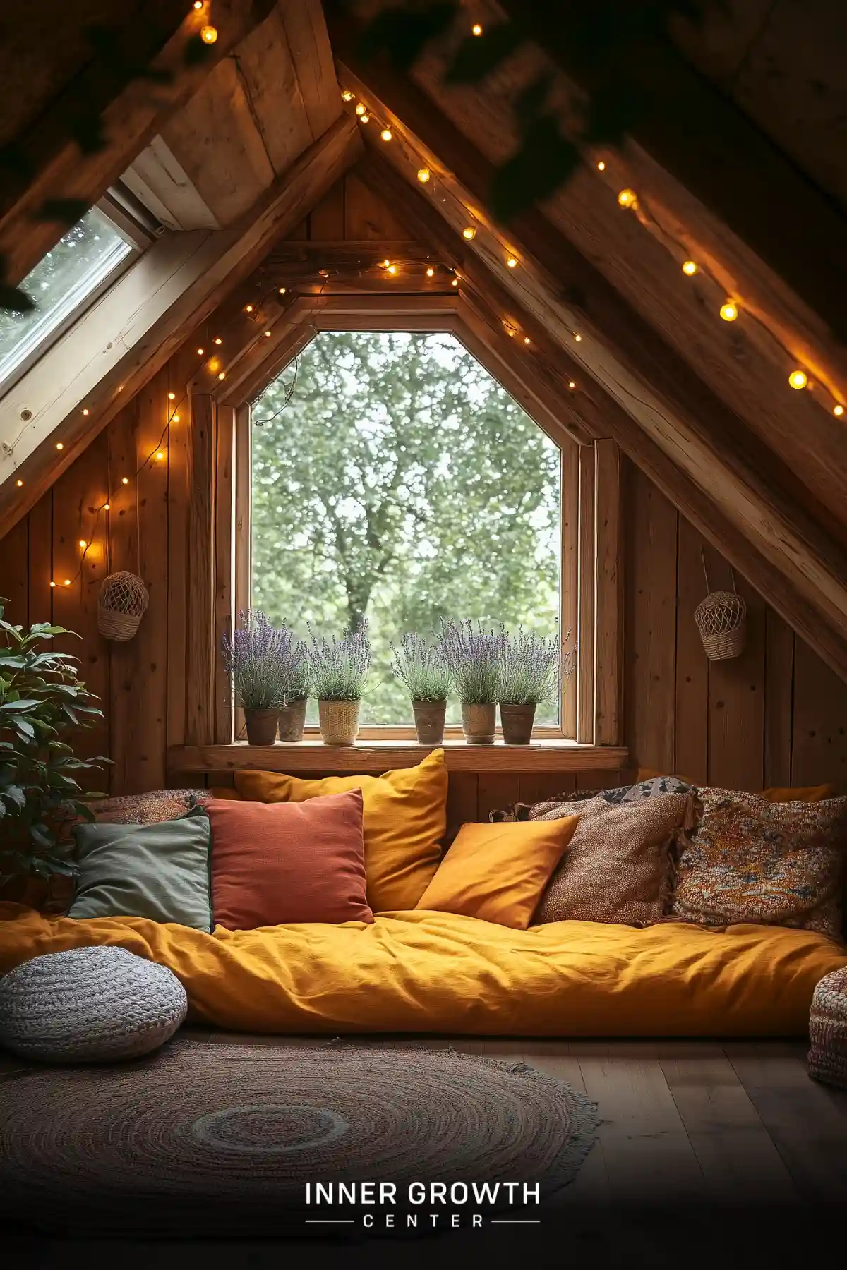 A warm attic meditation space with string lights, colorful cushions, and a window framing potted lavender plants.