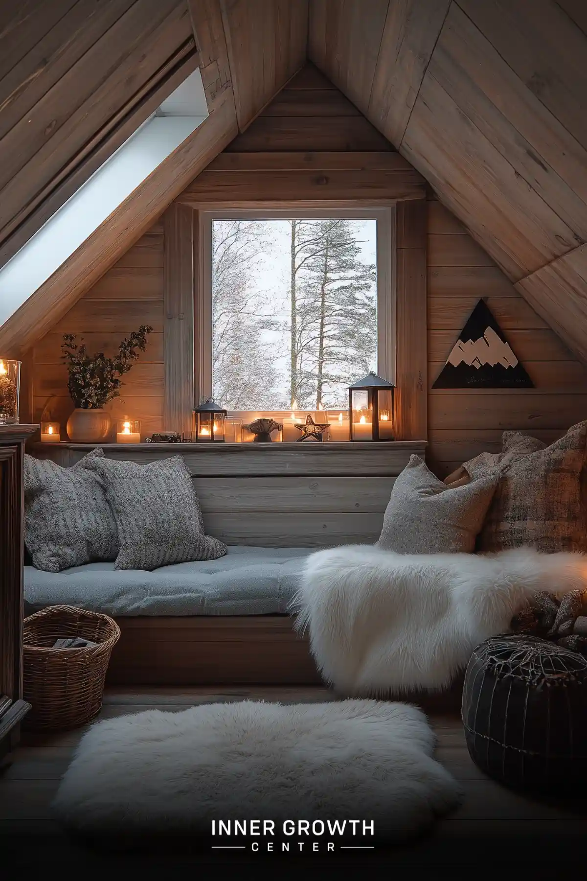 A snug attic meditation space with a window overlooking snowy trees, adorned with candles and soft textures.