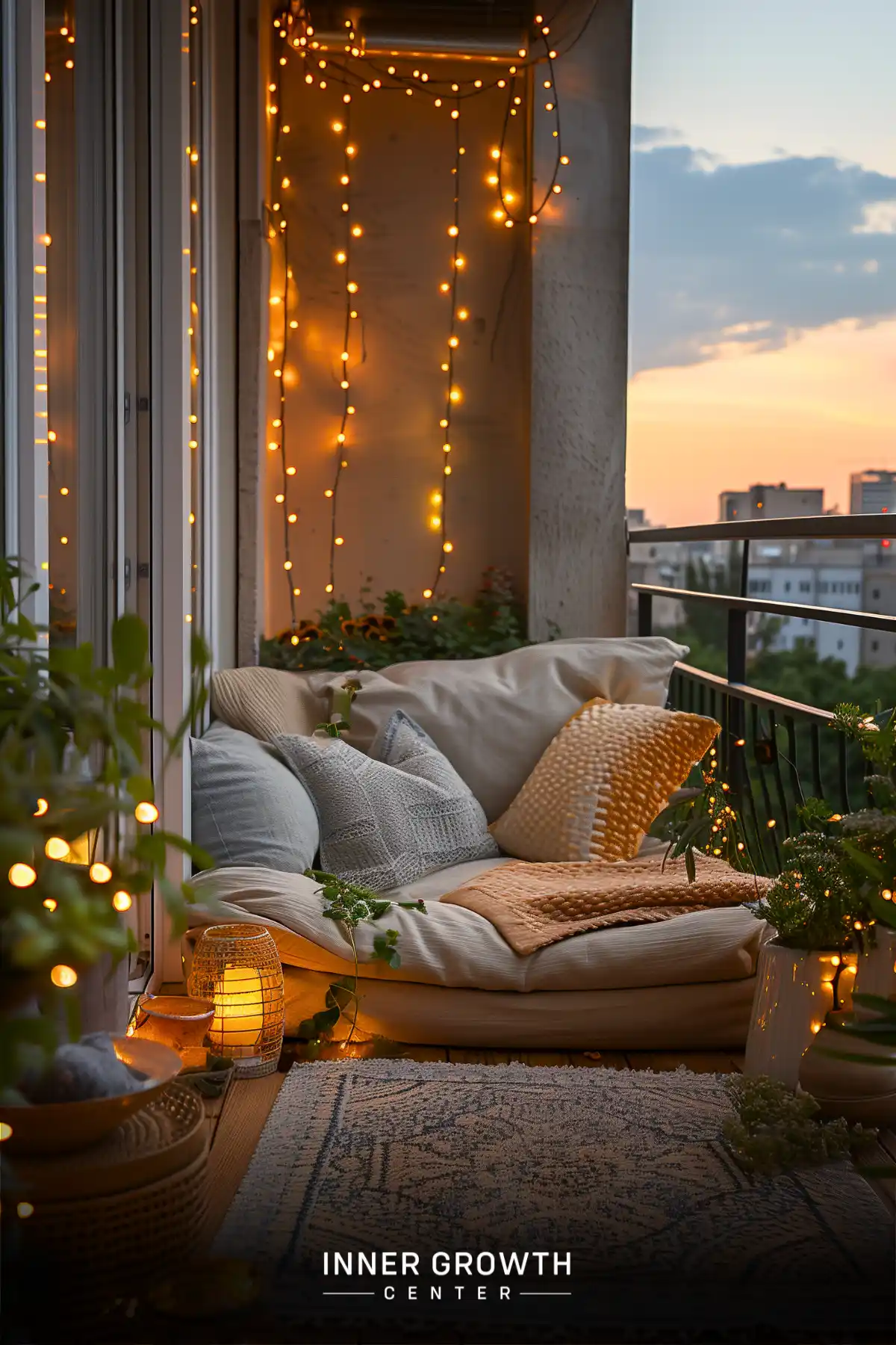 A warmly lit balcony with a comfortable sofa, fairy lights, and plants, overlooking a city at sunset.