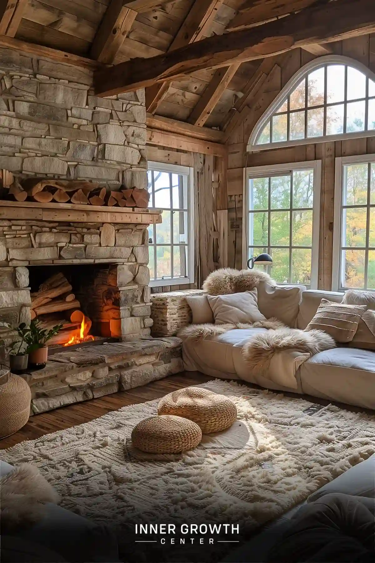 A rustic cabin interior with a stone fireplace, plush seating, and large windows overlooking autumn trees.