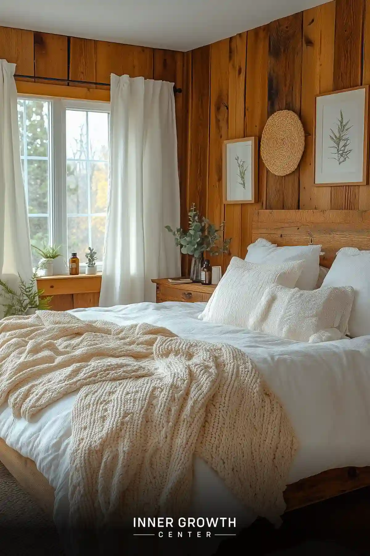 Warm bedroom with wood paneling, white bedding, knit throw, and botanical prints.