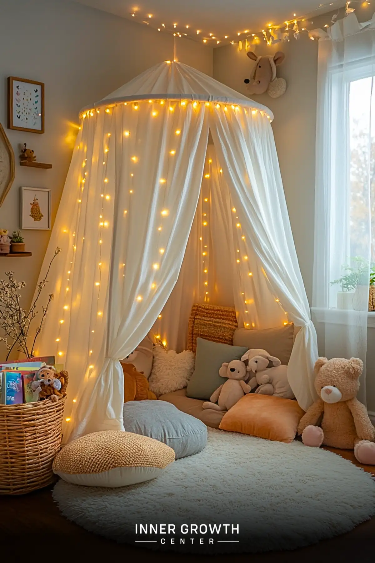 A white fabric canopy tent illuminated with string lights, filled with plush pillows, stuffed animals, and soft textures creates an inviting reading retreat for children.