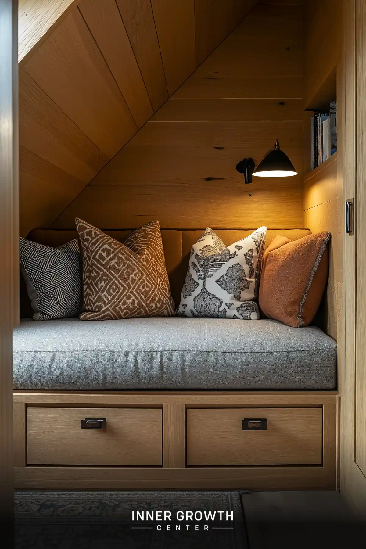 Built-in bench seat with geometric patterned pillows nestled under sloped wooden ceiling features black reading lamp and storage drawers below.